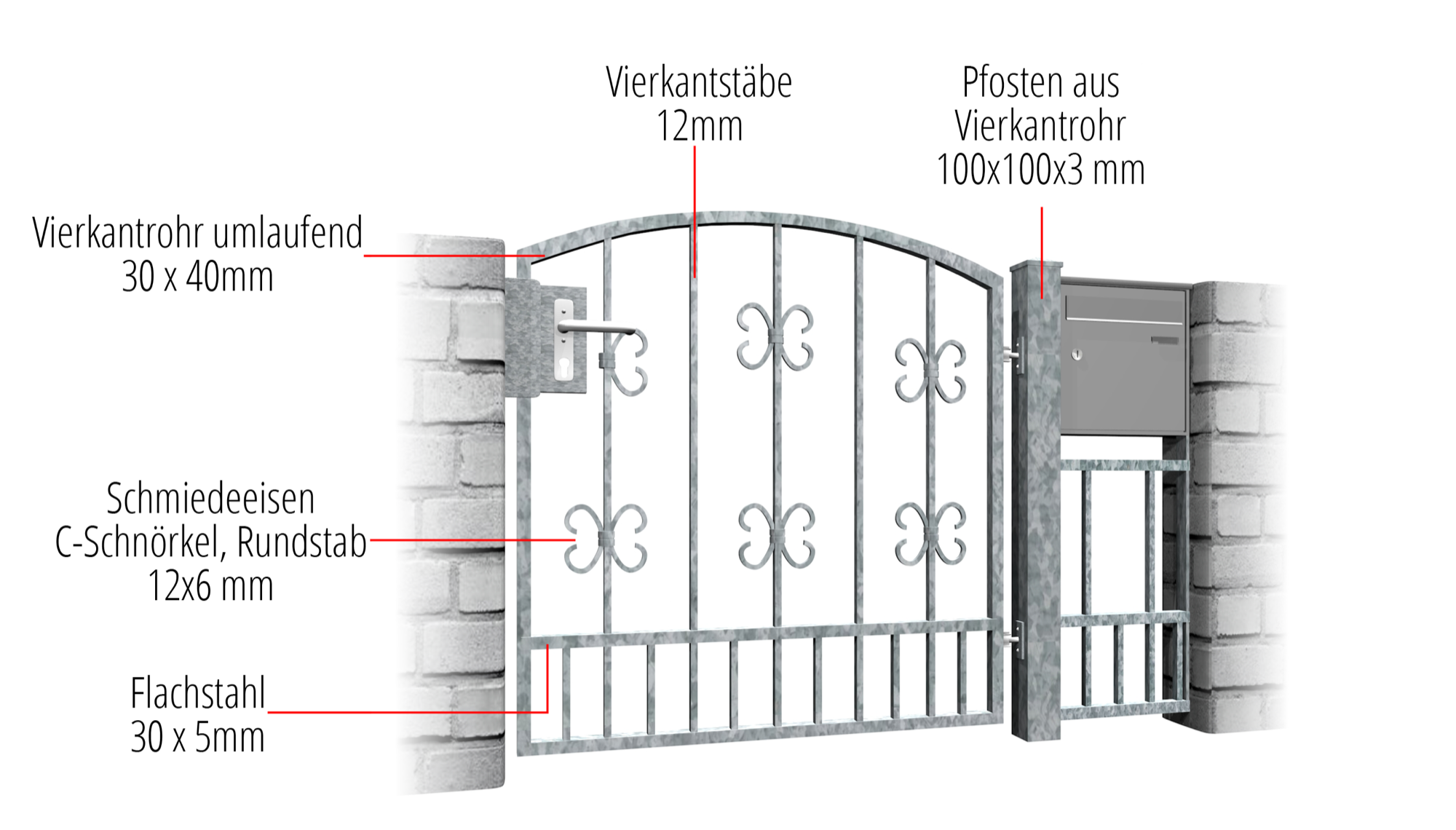 Gartentür verzinkt 1-flügelig Barock, OB, BK