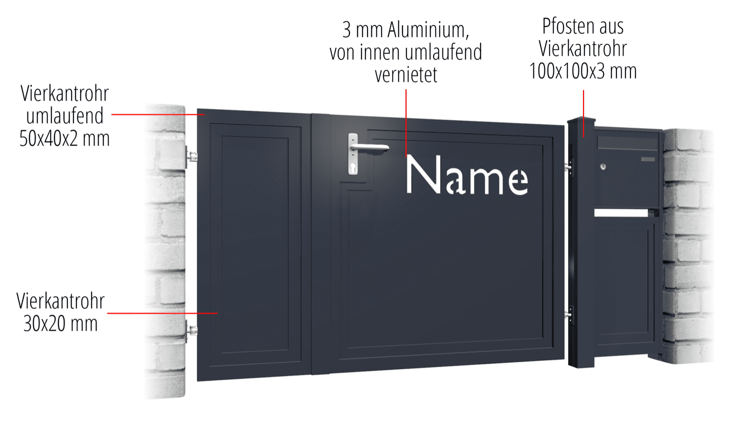 Gartentür Alu 2-flügelig Sichtschutz NAM, GE, BK