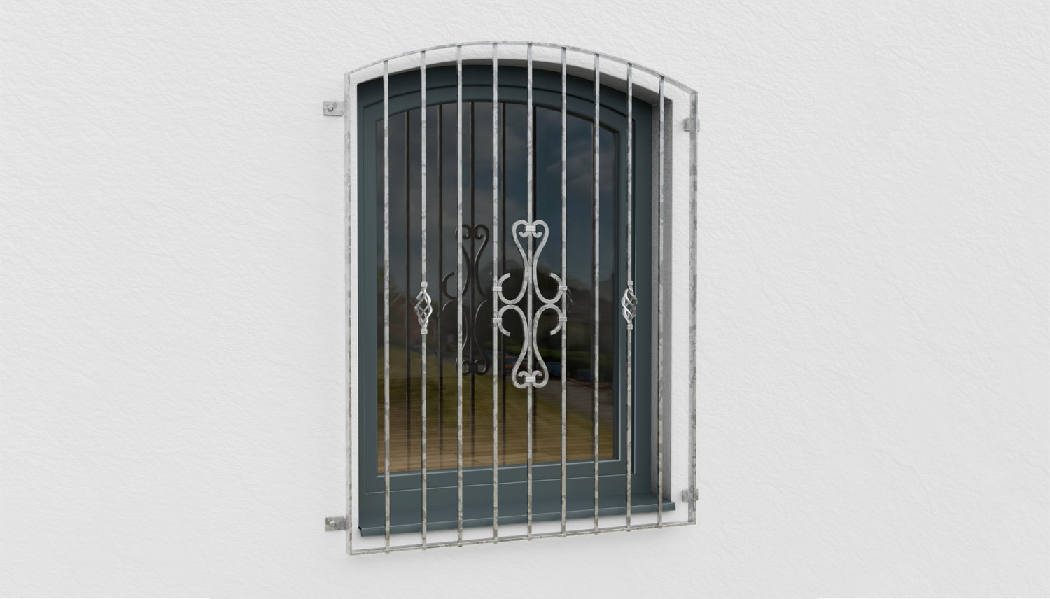Fenstergitter verzinkt Schnörkel Oberbogen 