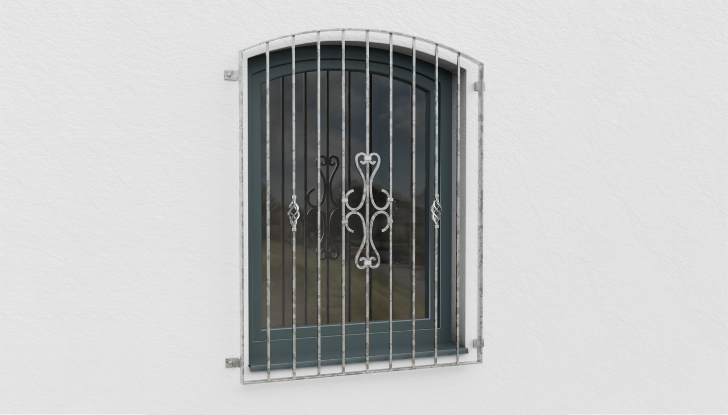 Fenstergitter verzinkt Schnörkel Oberbogen 