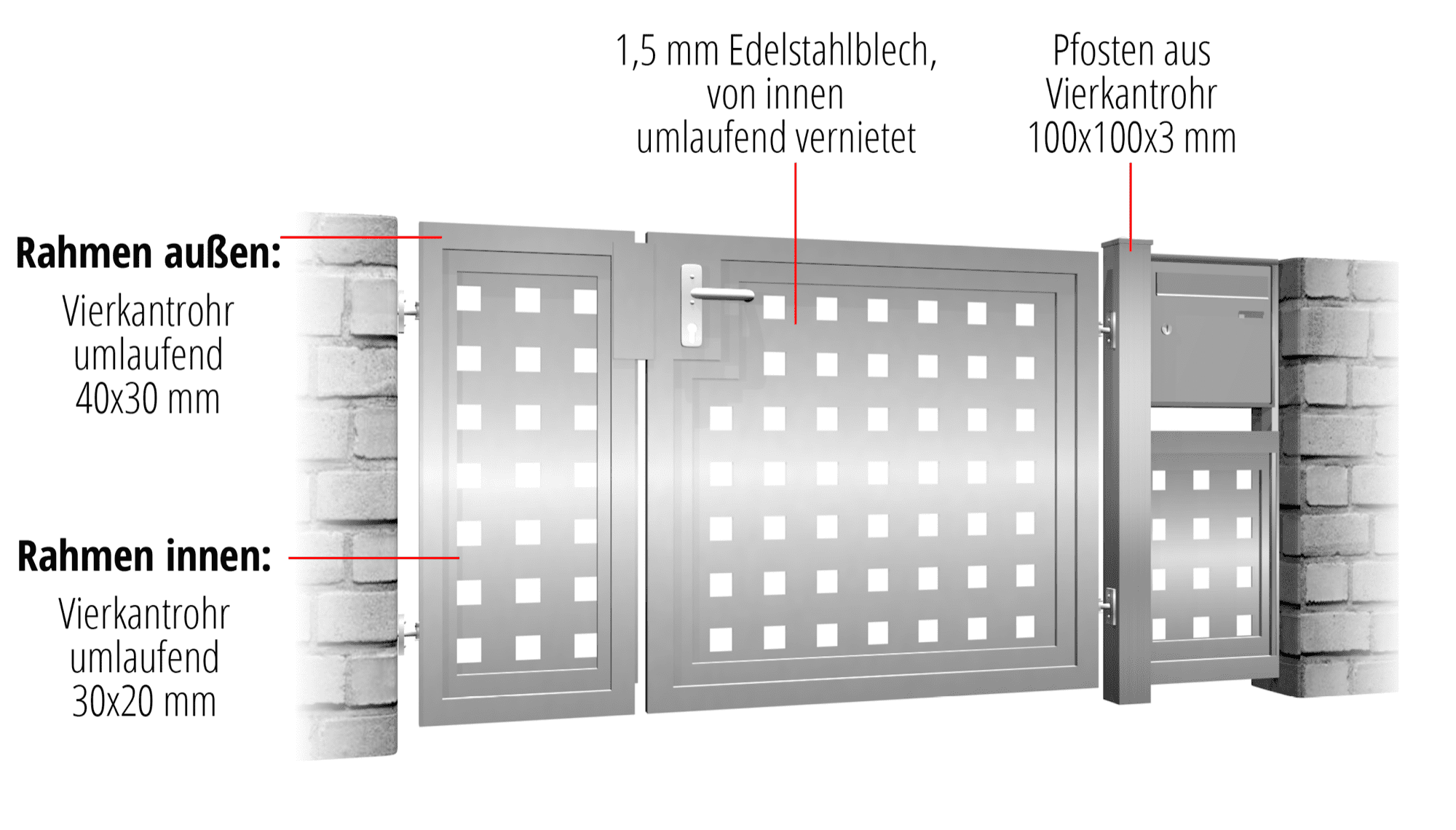 Gartentür Edelstahl 2-flügelig Sichtschutz QL, GE, BK