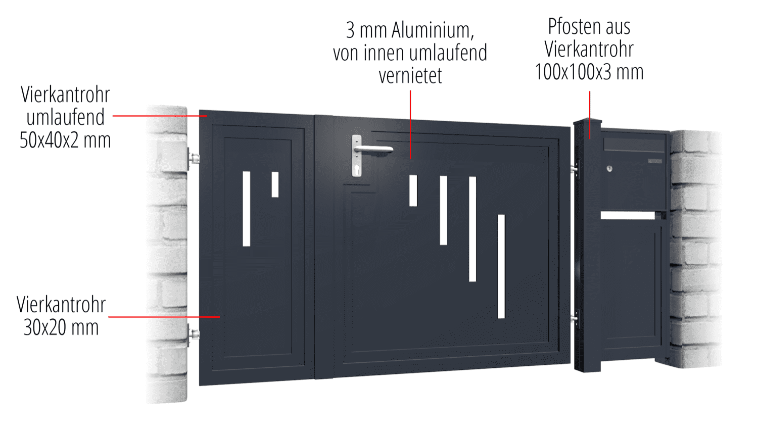 Gartentür Alu 2-flügelig Sichtschutz SG, GE, BK