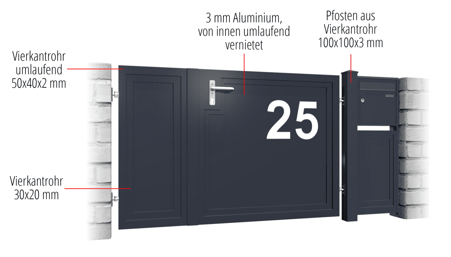 Gartentür Alu 2-flügelig Sichtschutz Hausnummer, GE, BK