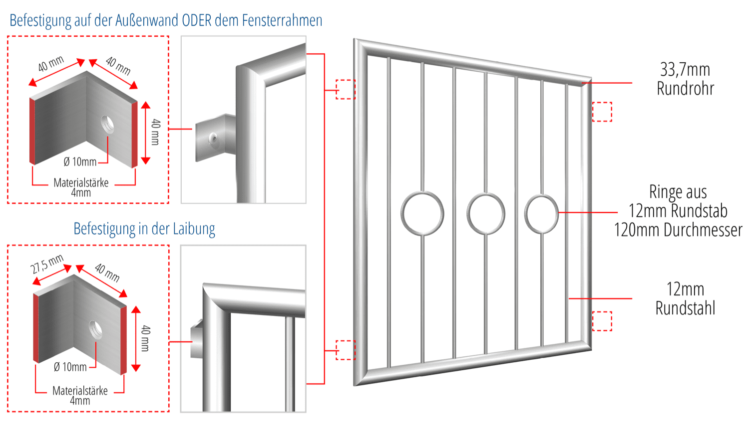 Fenstergitter Edelstahl Kreis Stab 