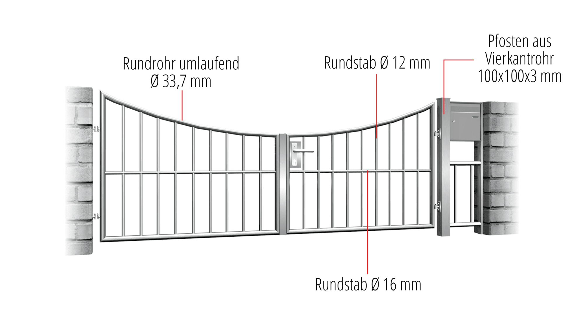 Gartentor Edelstahl 2-flügelig Vertikalstab, UB, BK