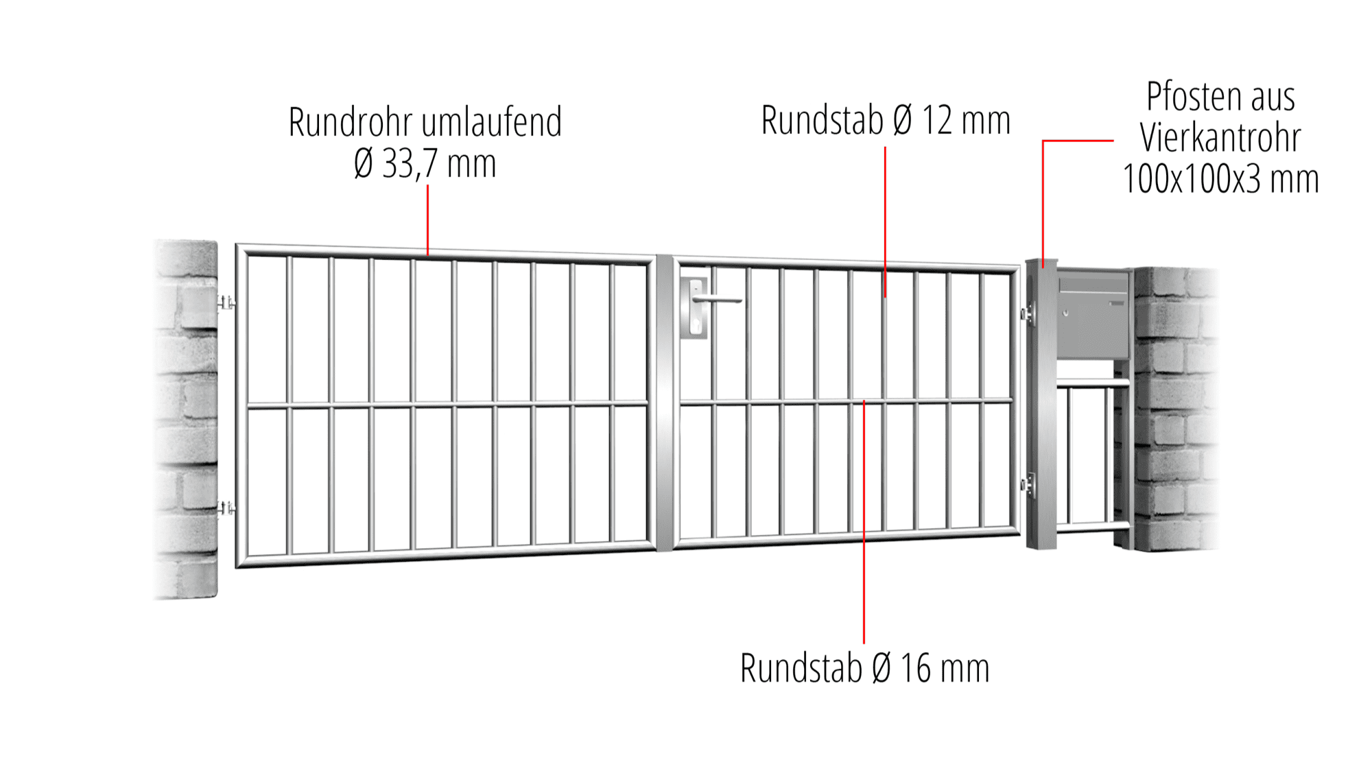 Gartentor Edelstahl 2-flügelig Vertikalstab, GE, BK