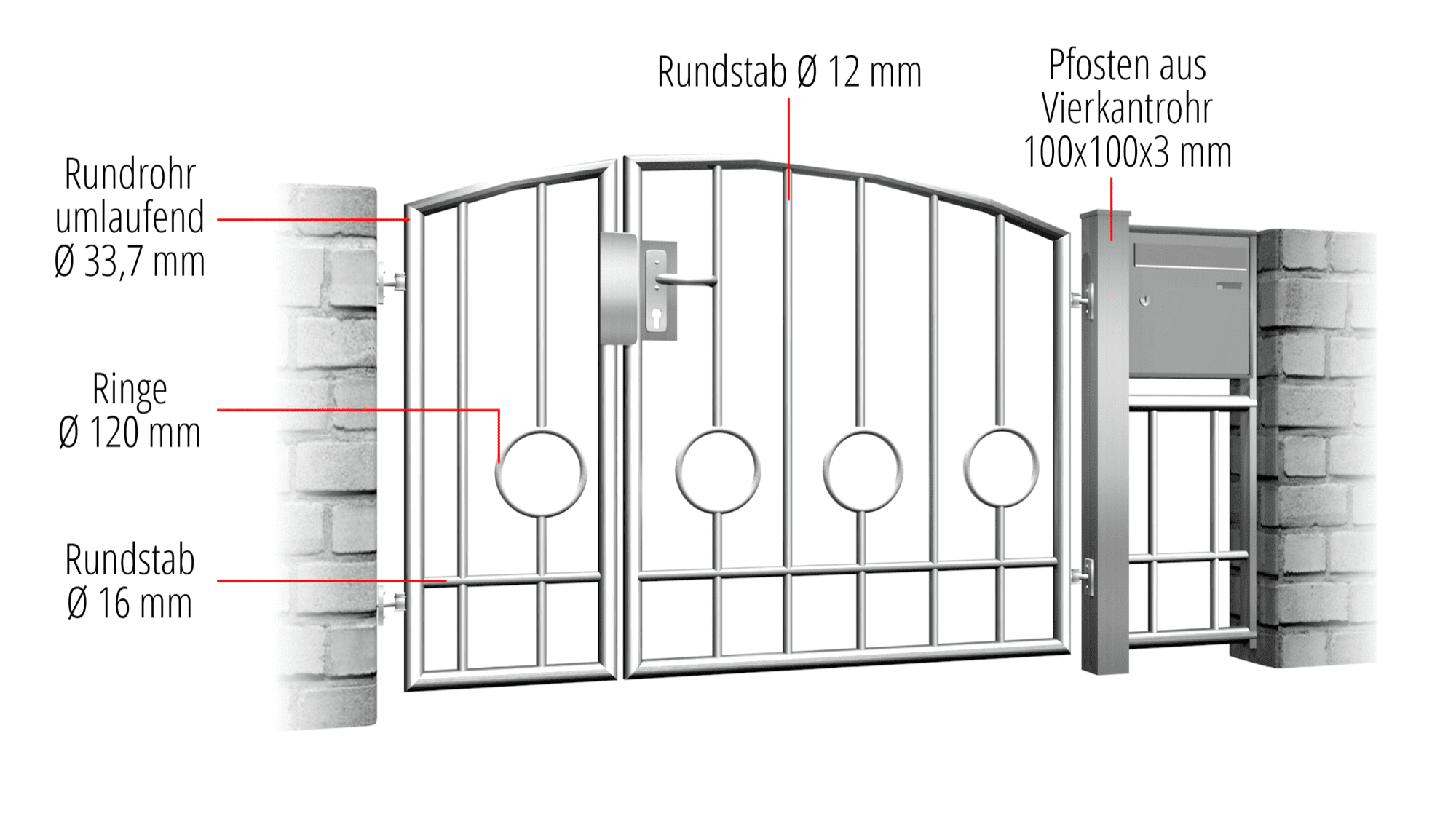 Gartentür Edelstahl 2-flügelig Kreis Stab 2 Unten, OB, BK