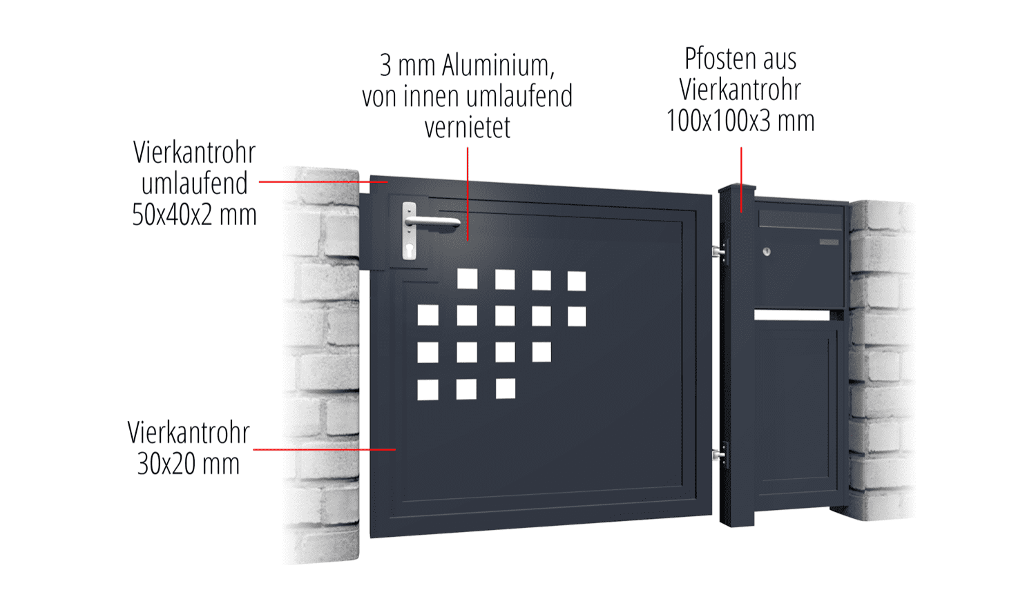 Gartentür Alu 1-flügelig Sichtschutz QLH, GE, BK