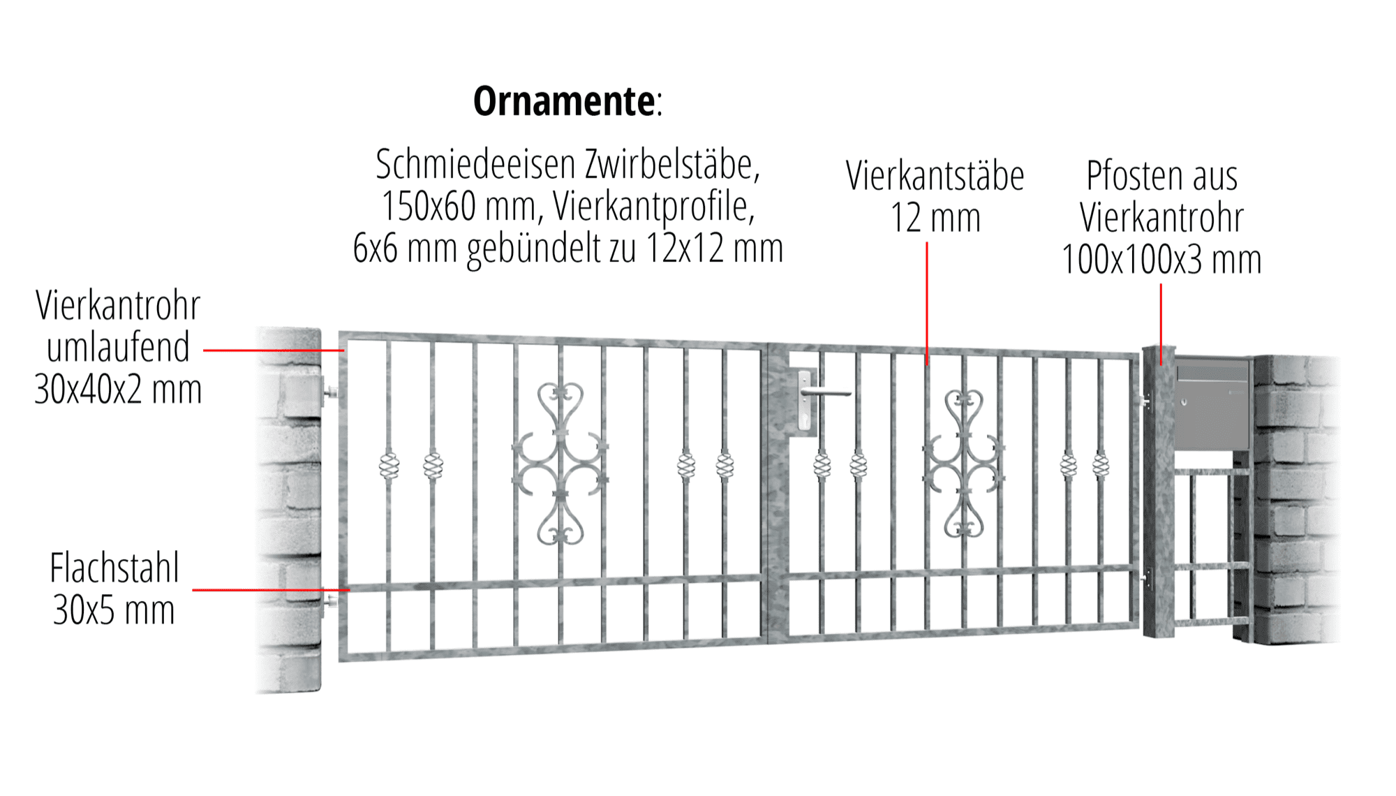 Gartentor verzinkt 2-flügelig Schnörkel, GE, BK