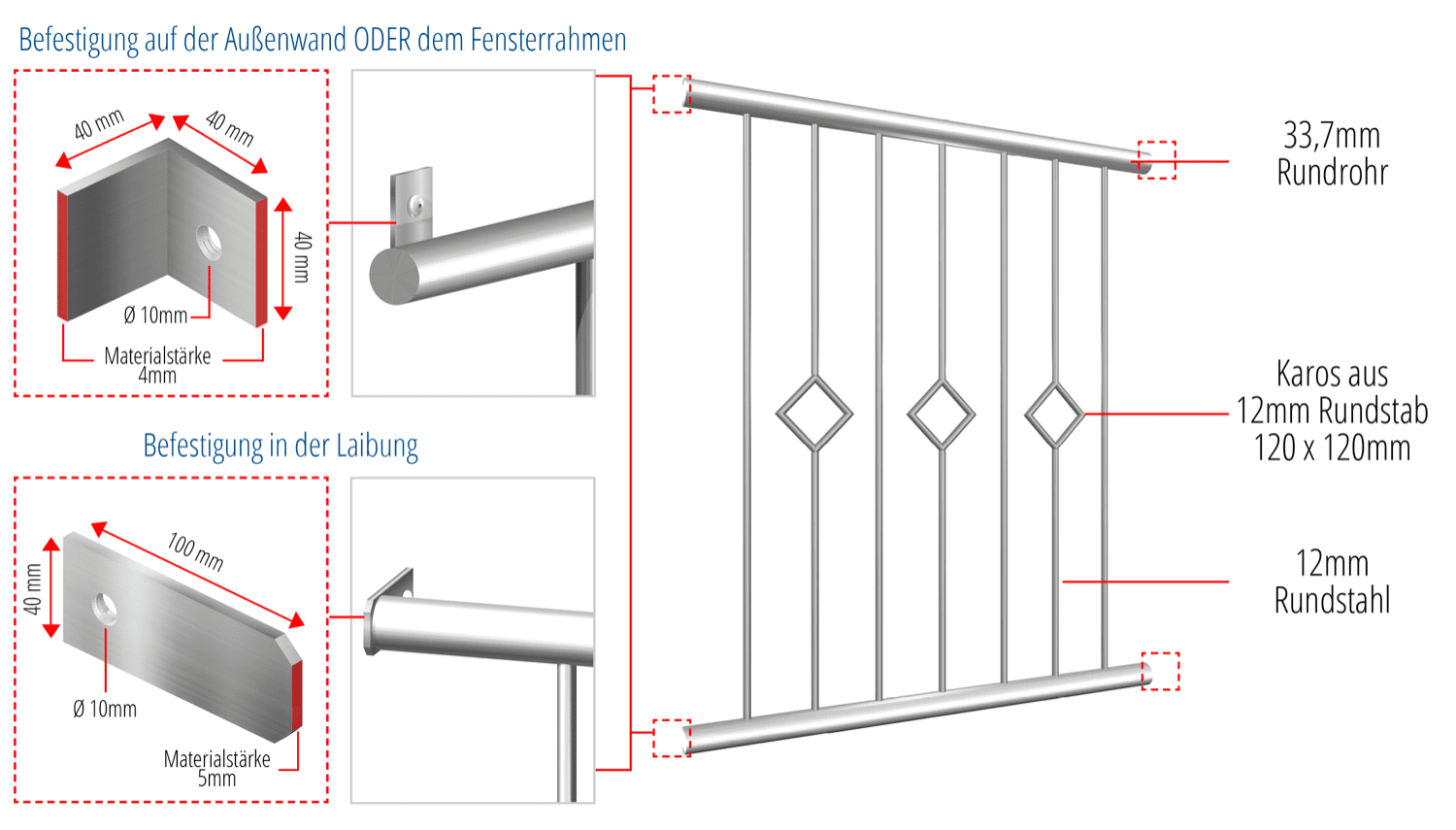 Fenstergitter Edelstahl Karo Stab 2