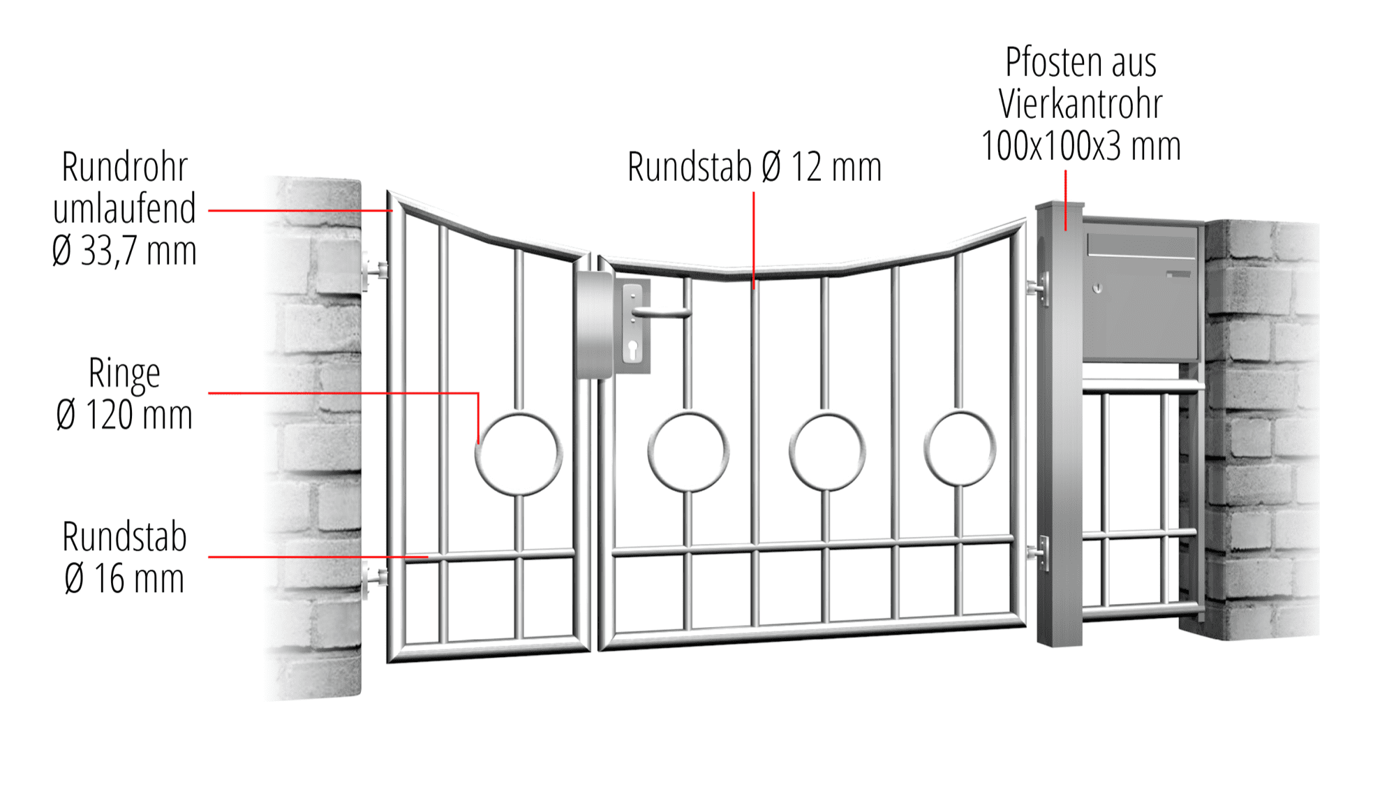 Gartentür Edelstahl 2-flügelig Kreis Stab 2 Unten, UB, BK