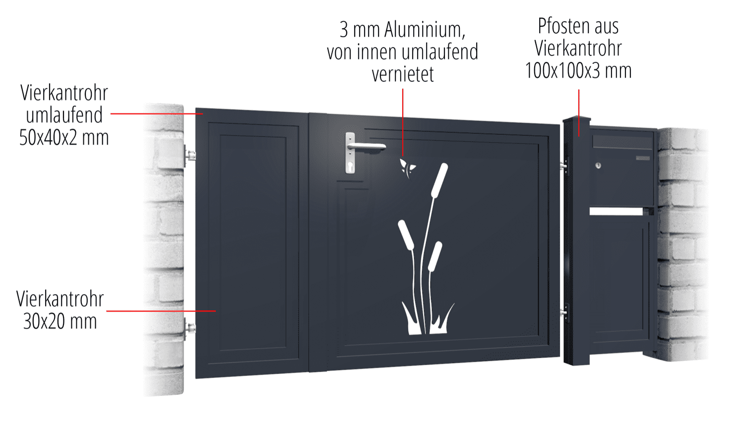 Gartentür Alu 2-flügelig Sichtschutz SF, GE, BK