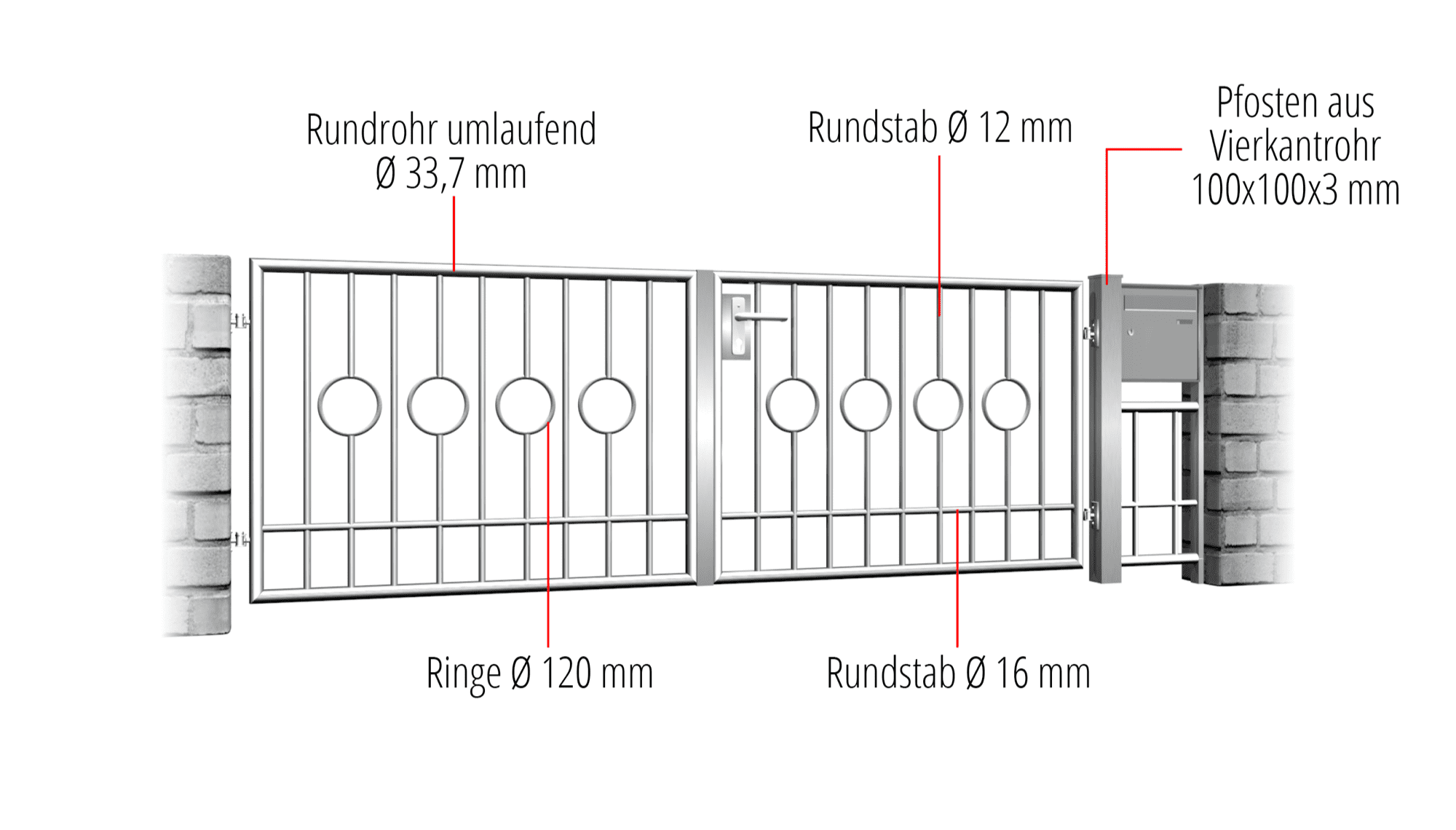 Gartentor Edelstahl 2-flügelig Kreis Stab 2 Mitte, GE, BK