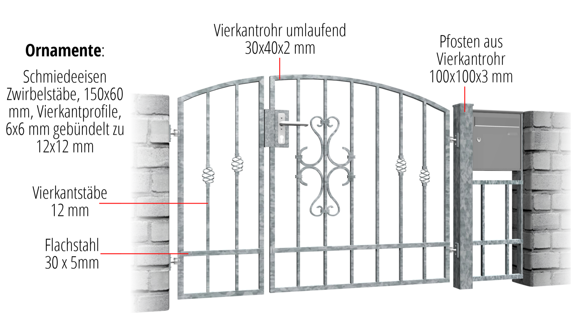 Gartentür verzinkt 2-flügelig Schnörkel, OB, BK