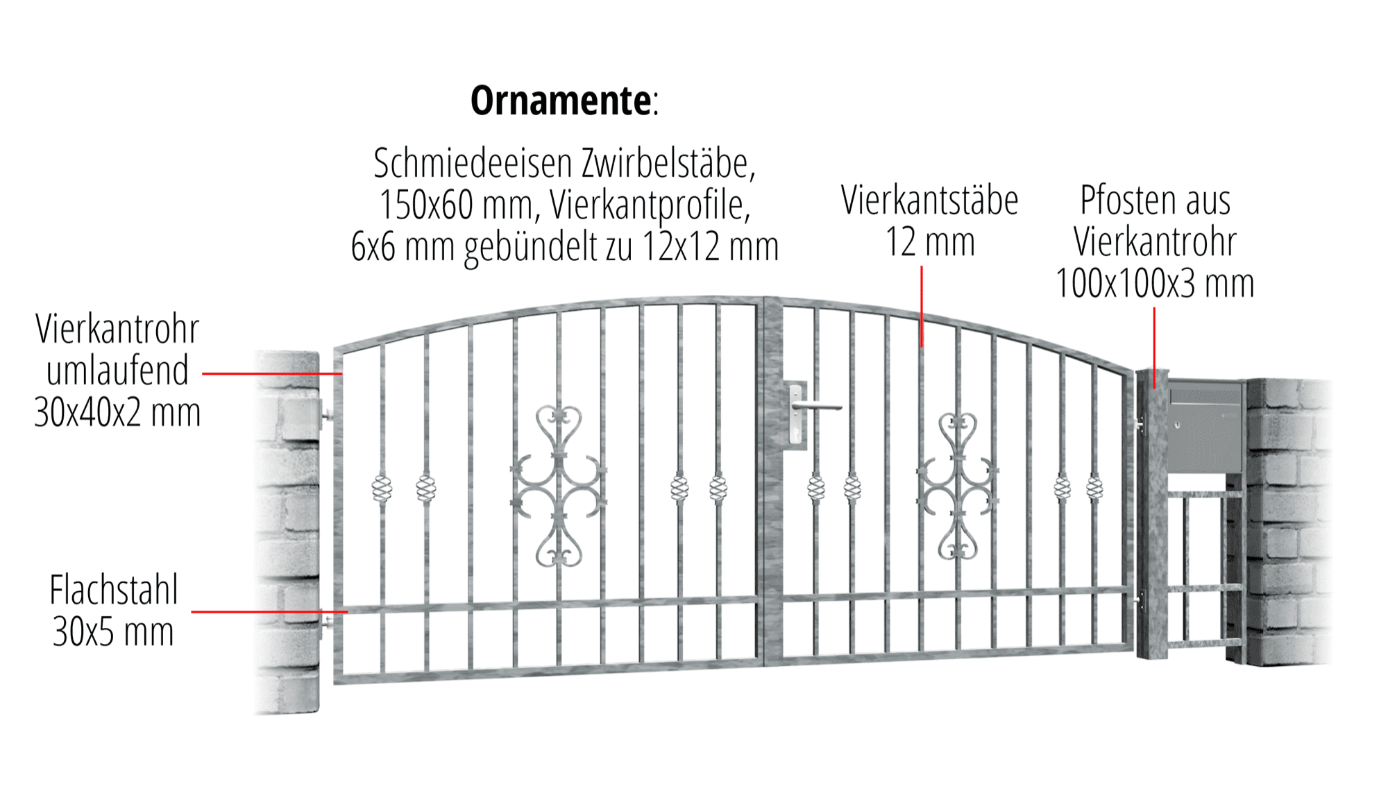 Gartentor verzinkt 2-flügelig Schnörkel, OB, BK