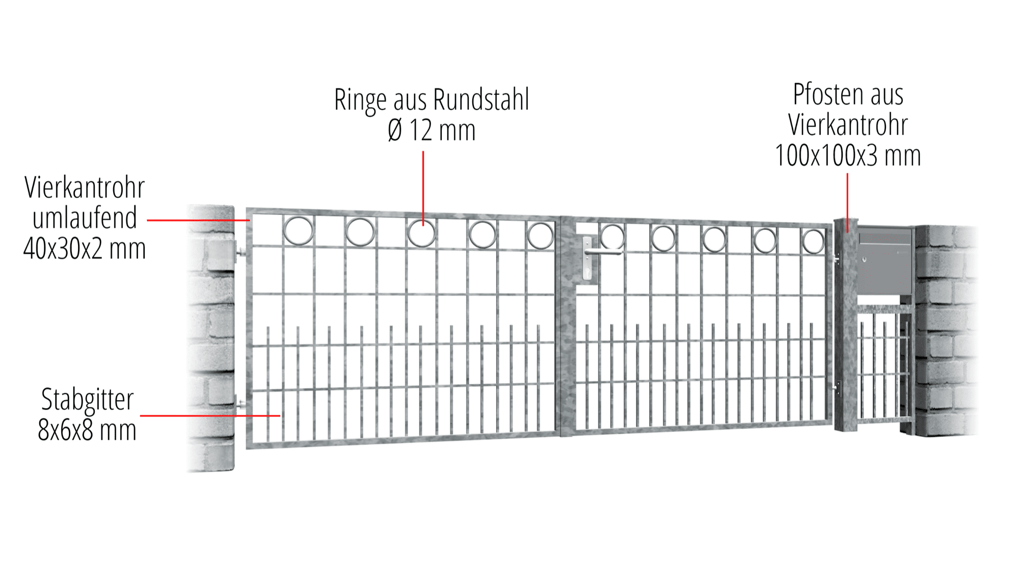 Gartentor verzinkt 2-flügelig Ringreihe, GE, BK