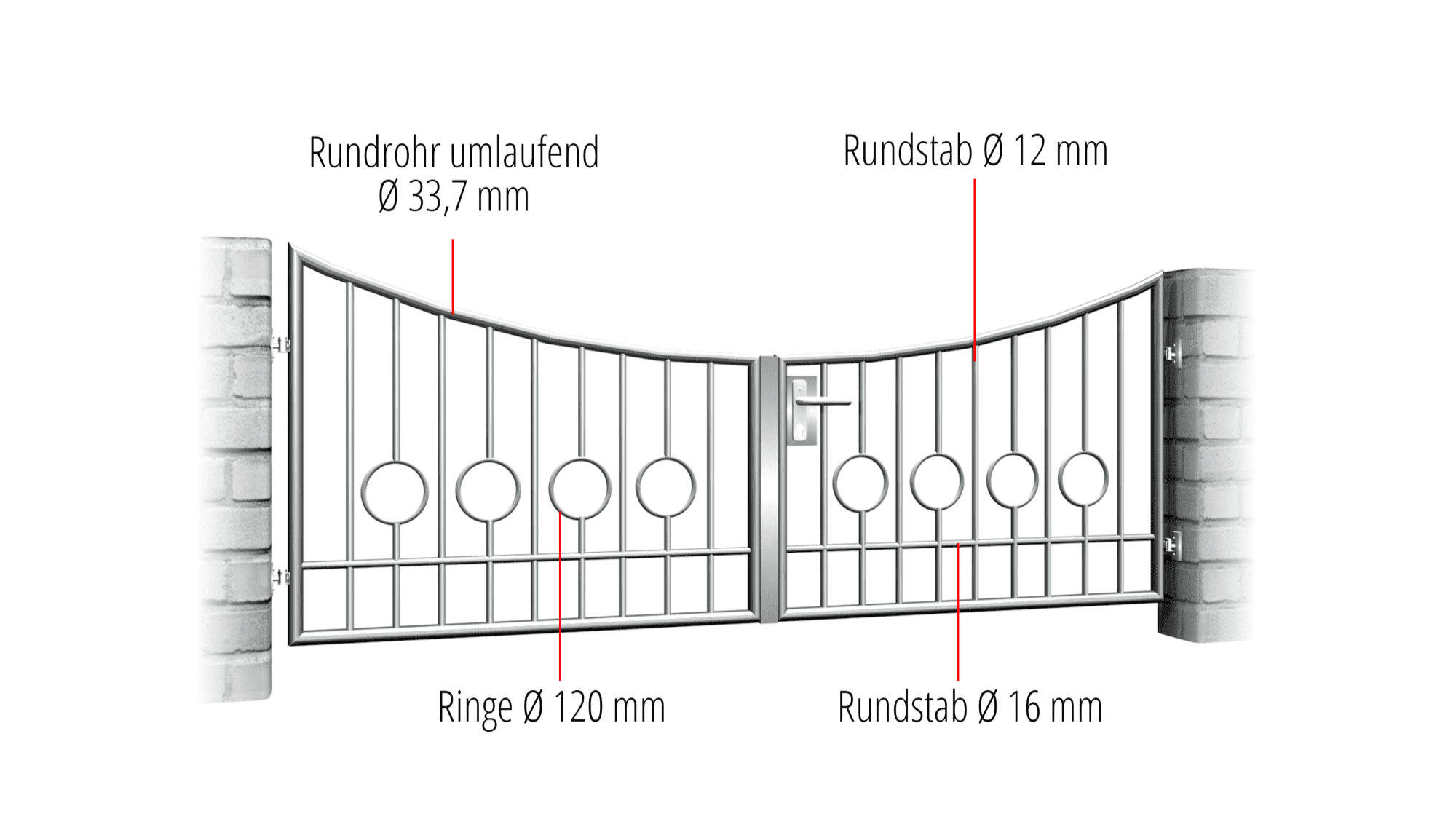 Gartentor Edelstahl 2-flügelig Kreis Stab 2 Unten, UB