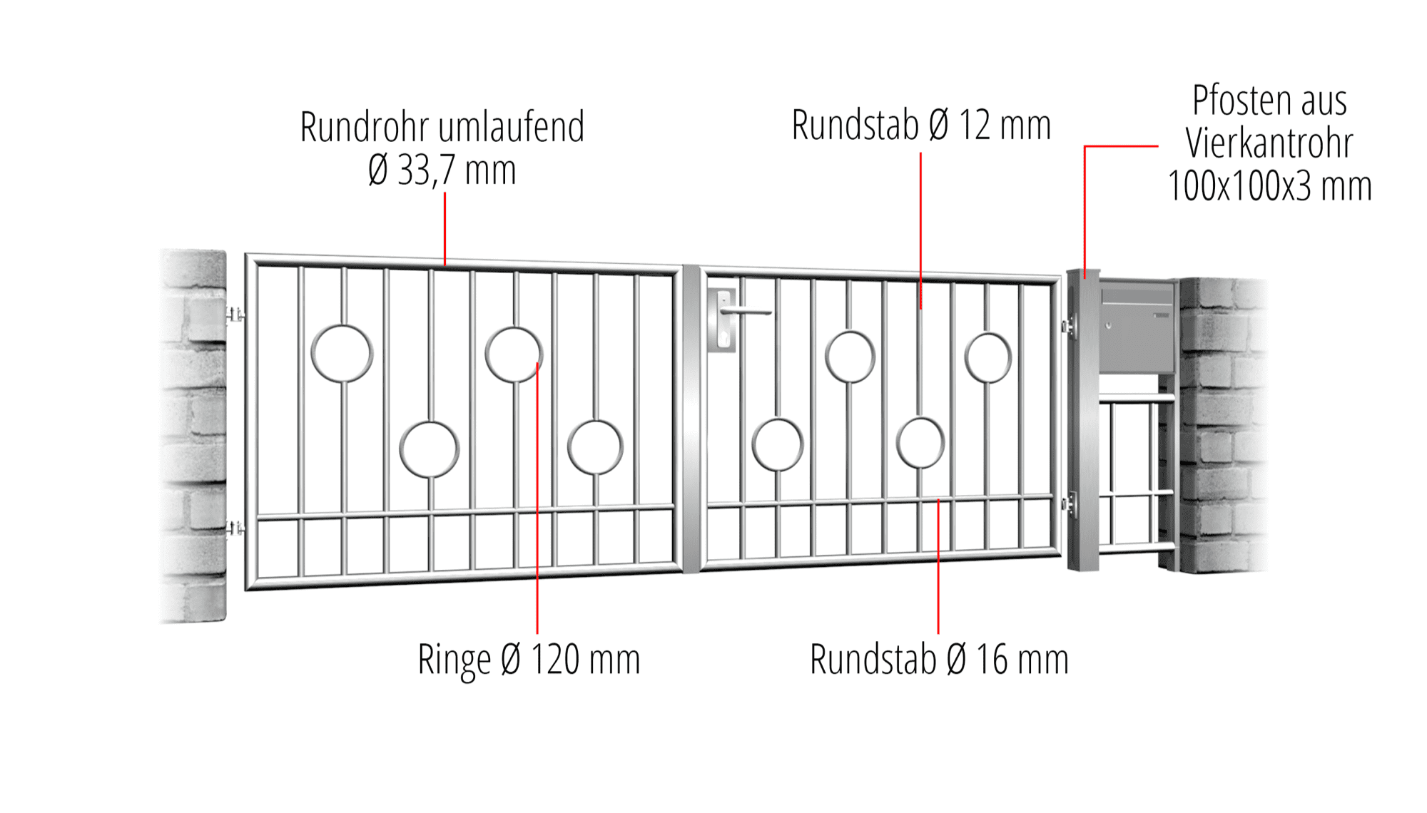 Gartentor Edelstahl 2-flügelig Kreis Stab, GE, BK