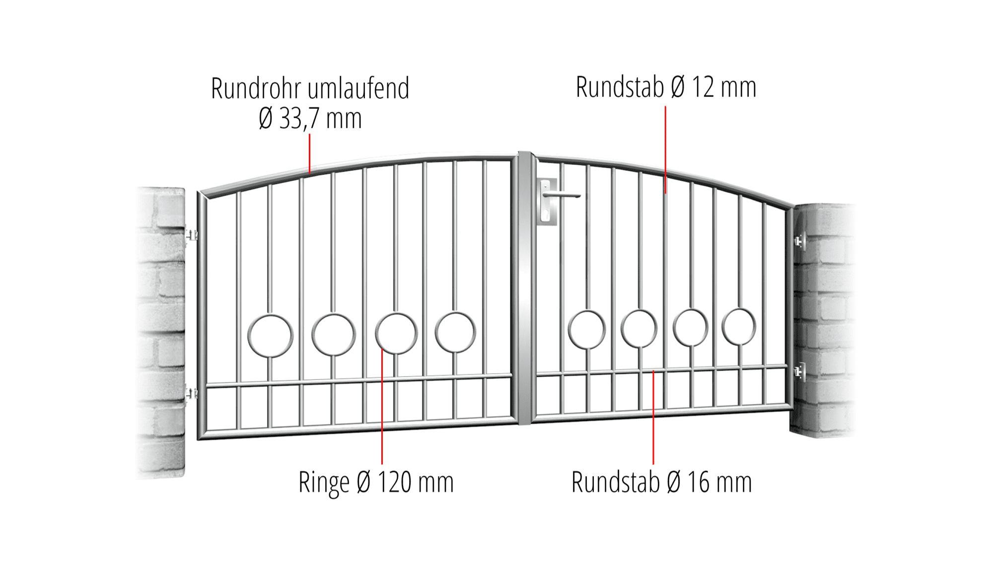 Gartentor Edelstahl 2-flügelig Kreis Stab 2 Unten, OB