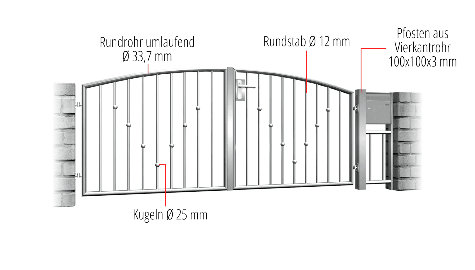 Gartentor Edelstahl 2-flügelig V-Kugeln, OB, BK