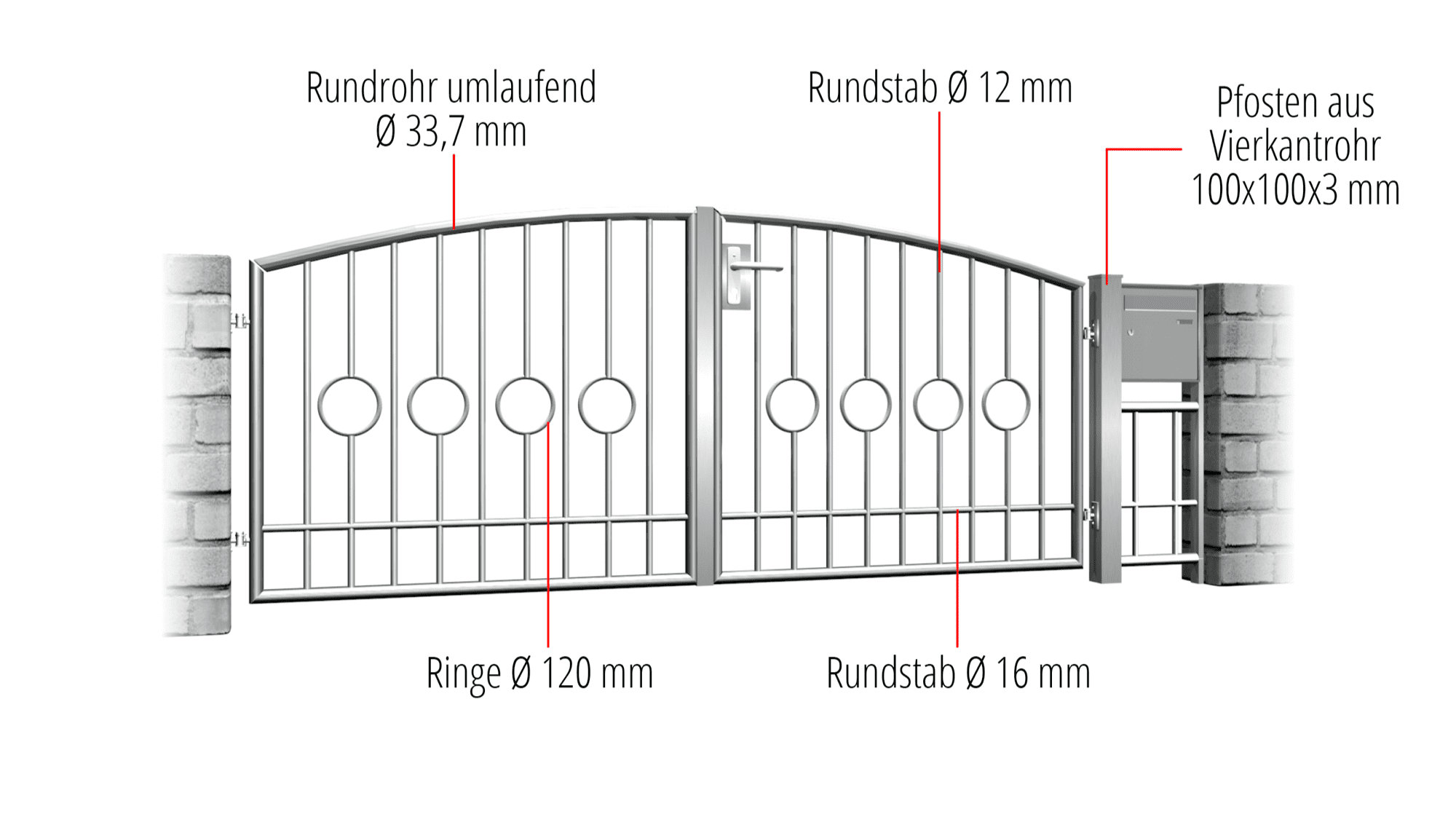 Gartentor Edelstahl 2-flügelig Kreis Stab 2 Mitte, OB, BK