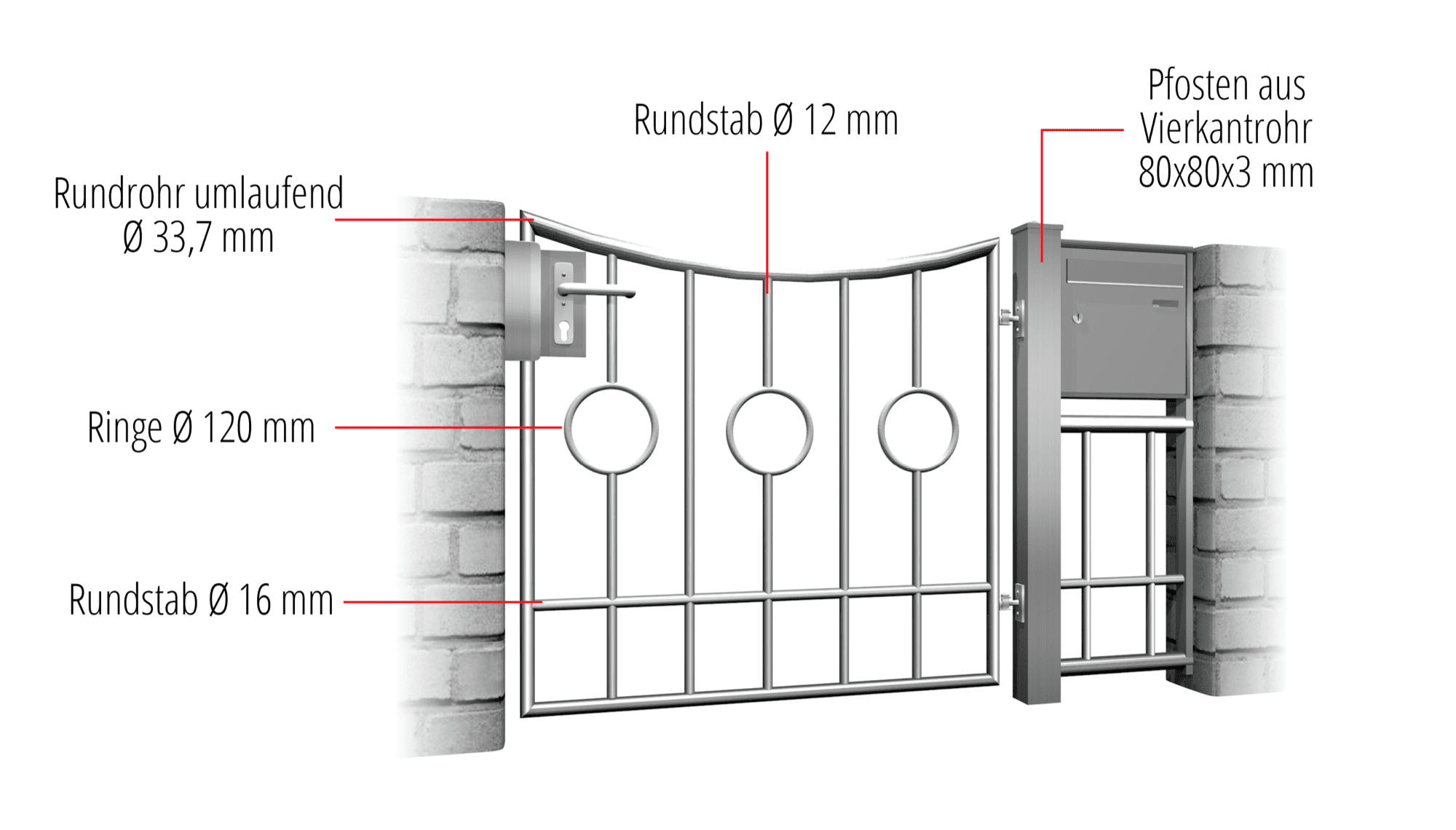 Gartentür Edelstahl 1-flügelig Kreis Stab 2 Mitte, UB, BK