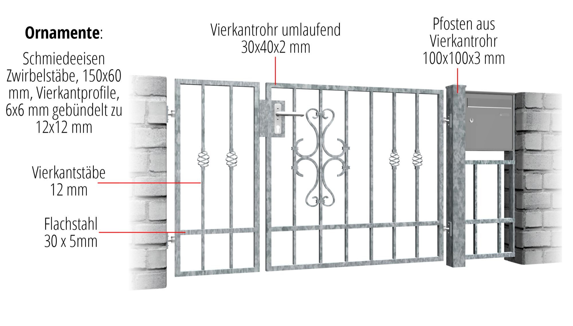 Gartentür verzinkt 2-flügelig Schnörkel, GE, BK