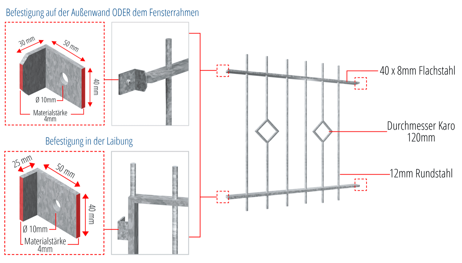 Fenstergitter verzinkt Karo Stab