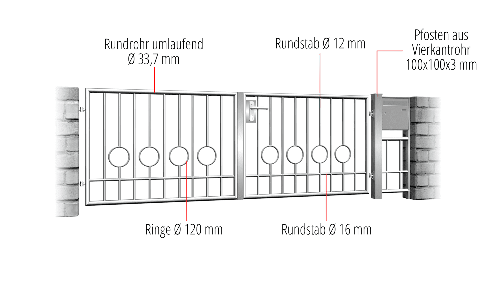 Gartentor Edelstahl 2-flügelig Kreis Stab 2 Unten, GE, BK