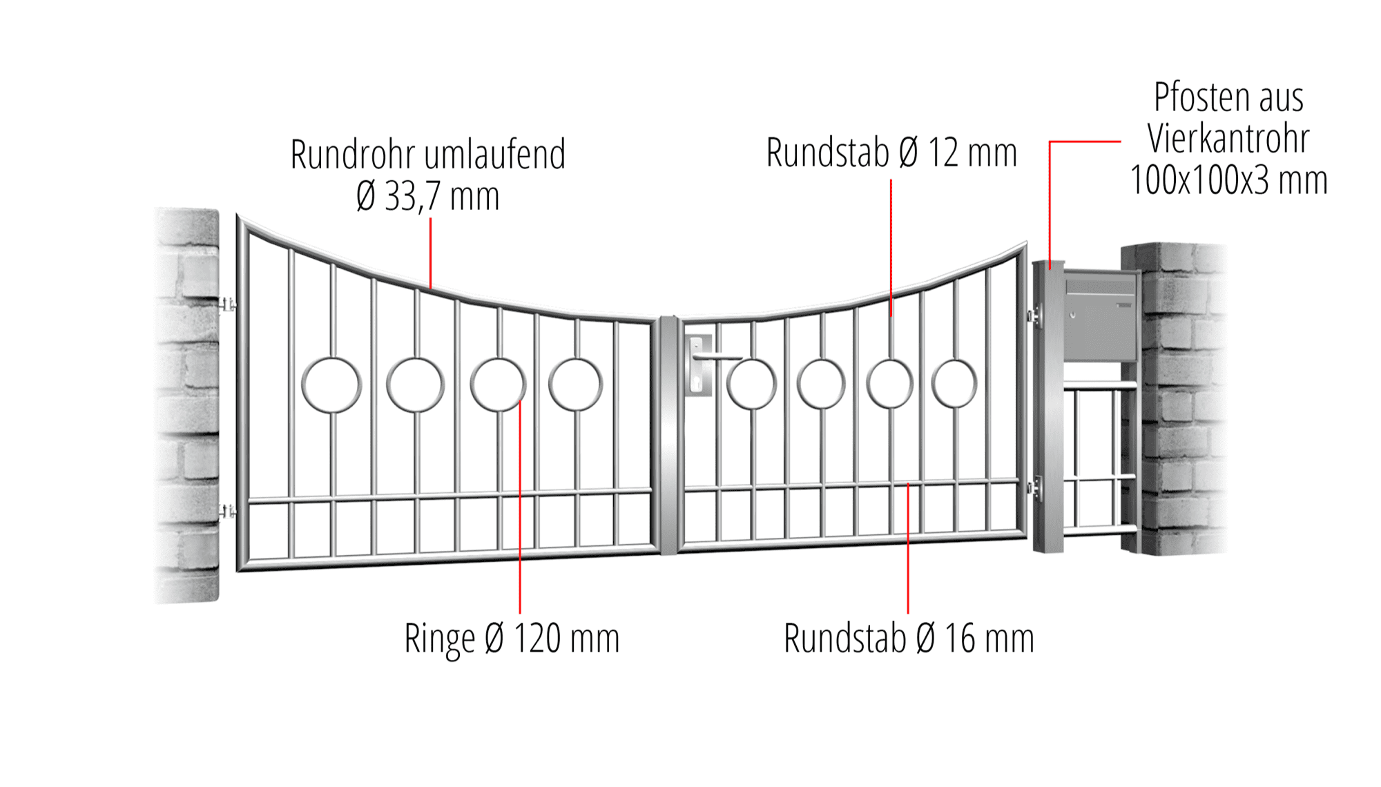 Gartentor Edelstahl 2-flügelig Kreis Stab 2 Mitte, UB, BK