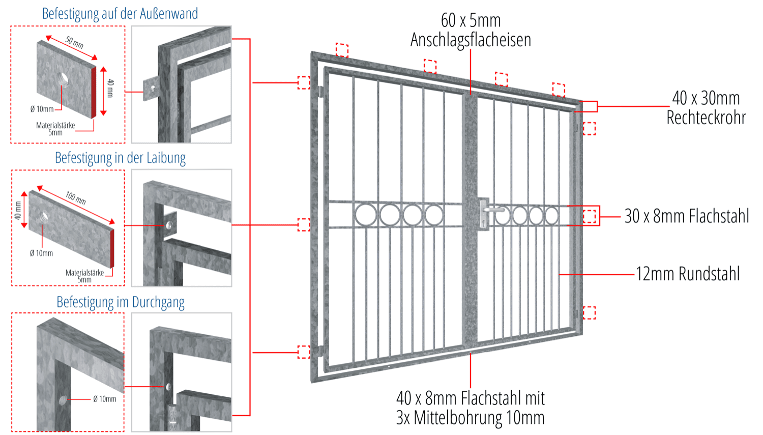 Gittertür verzinkt 2-flügelig Ringreihe