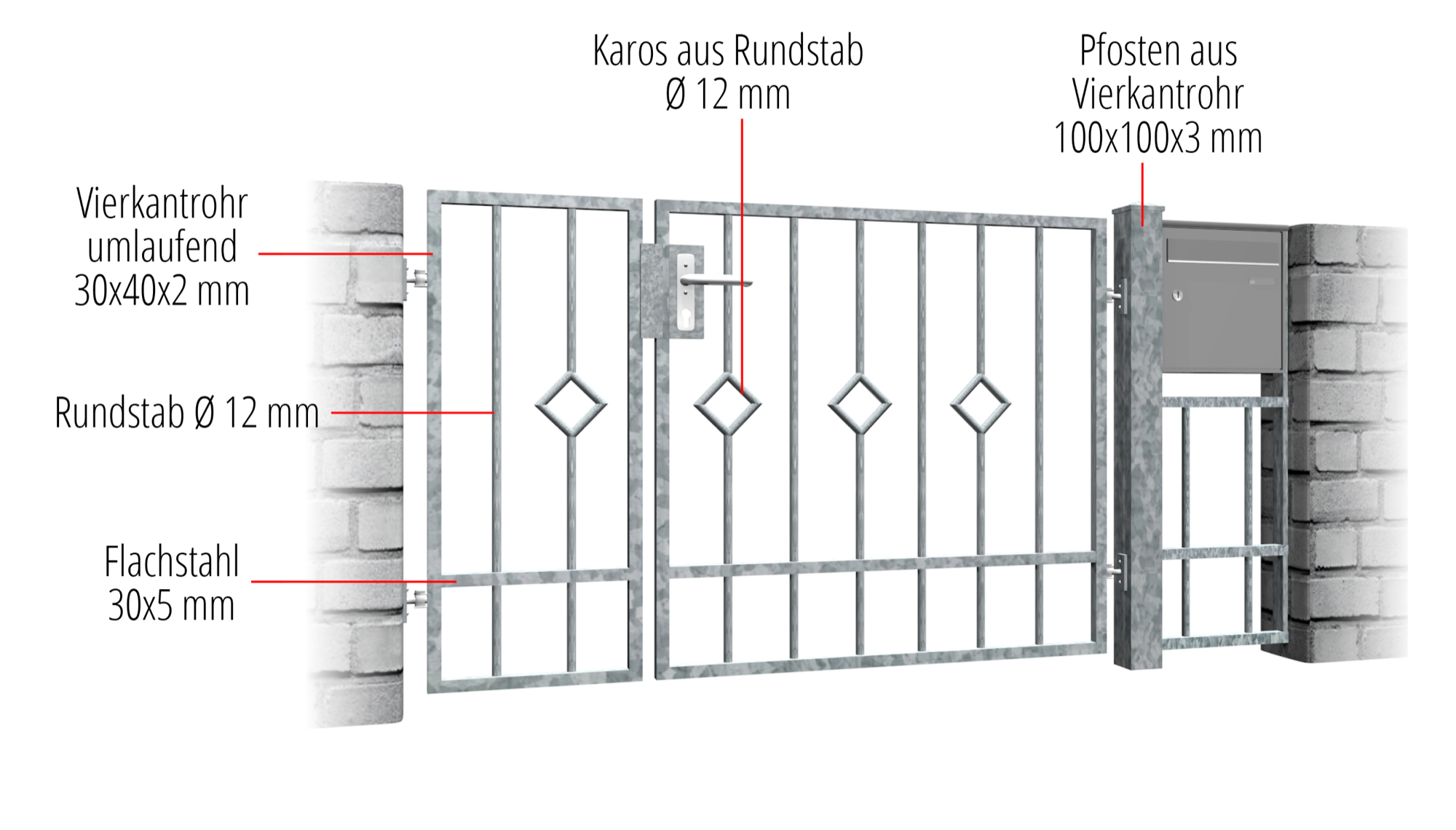 Gartentür verzinkt 2-flügelig Karo Stab, GE, BK