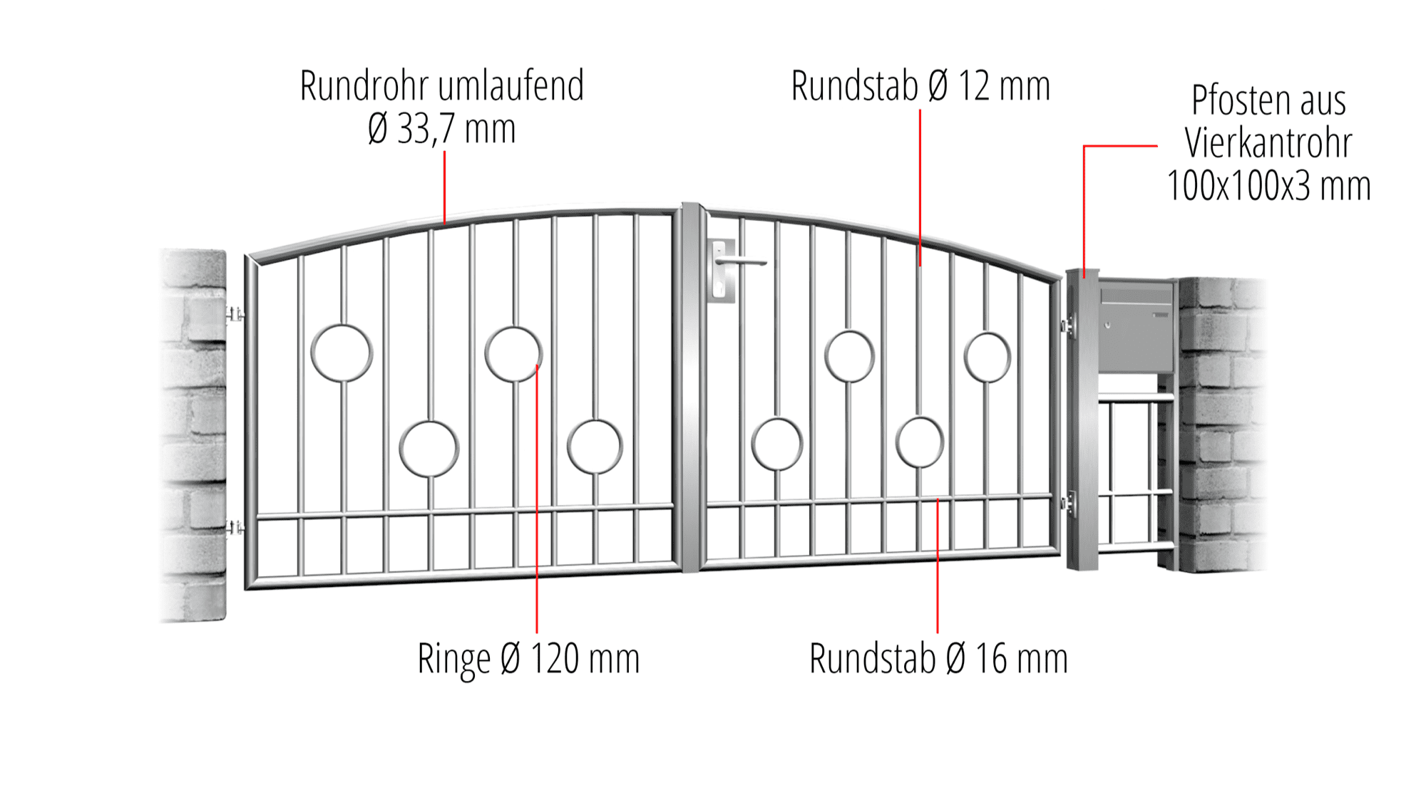 Gartentor Edelstahl 2-flügelig Kreis Stab, OB, BK