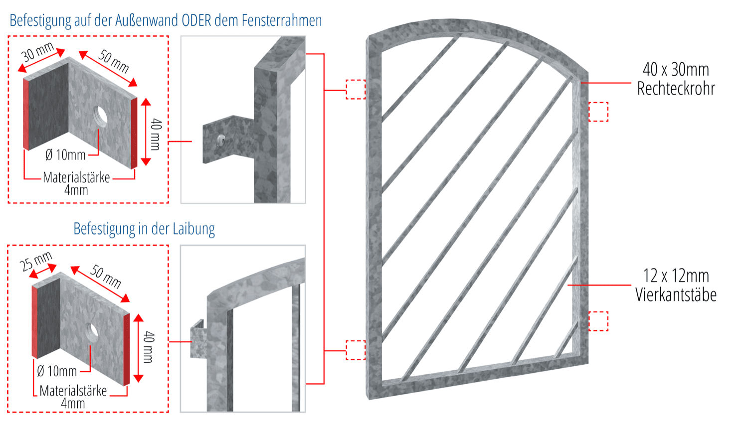 Fenstergitter verzinkt Diagonalstab 1 Oberbogen 