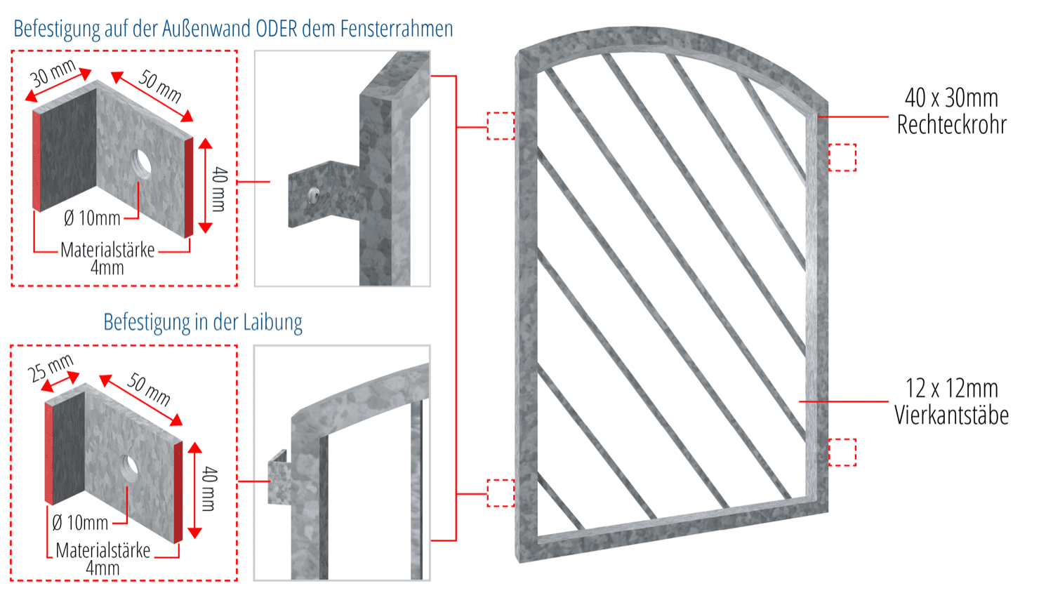 Fenstergitter verzinkt Diagonalstab 2 Oberbogen 