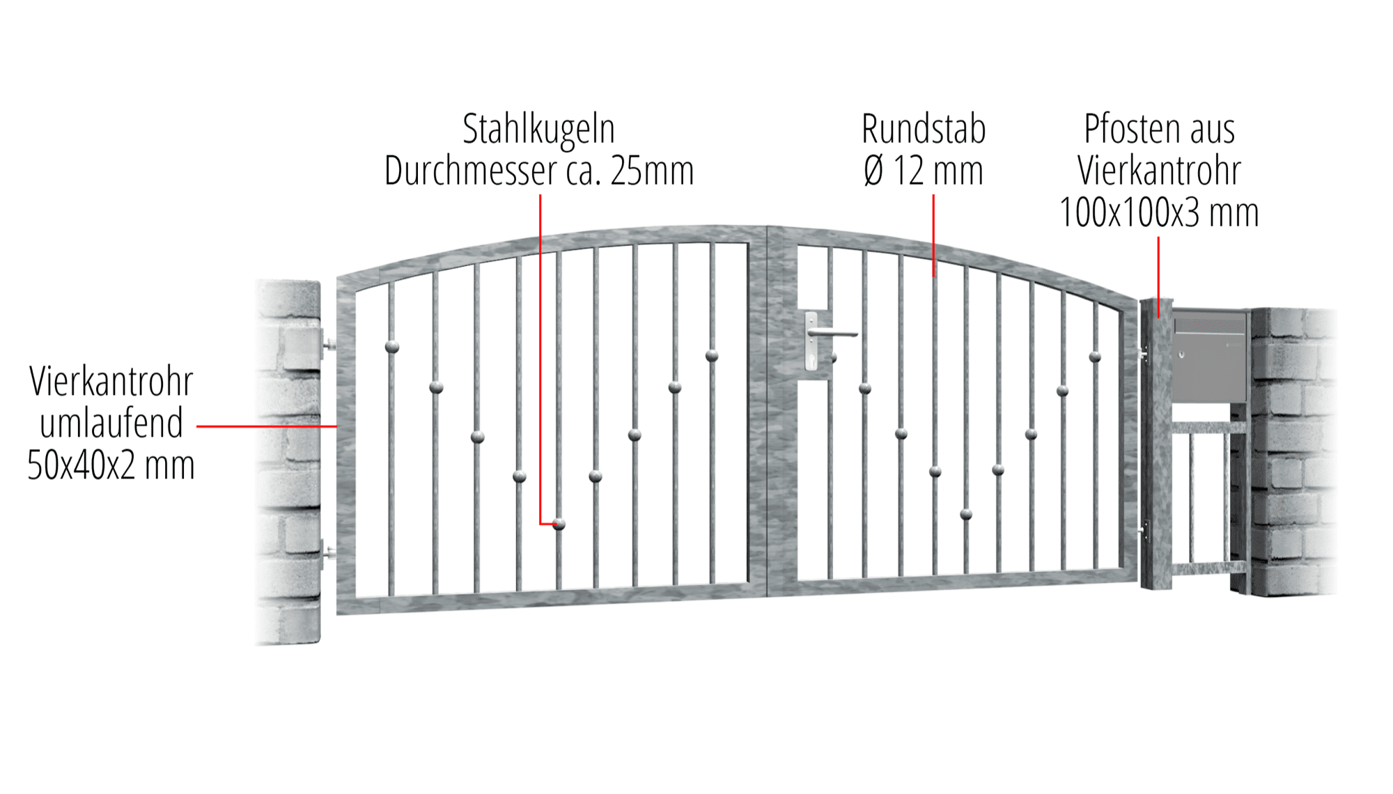 Gartentor verzinkt 2-flügelig V-Kugeln, OB, BK