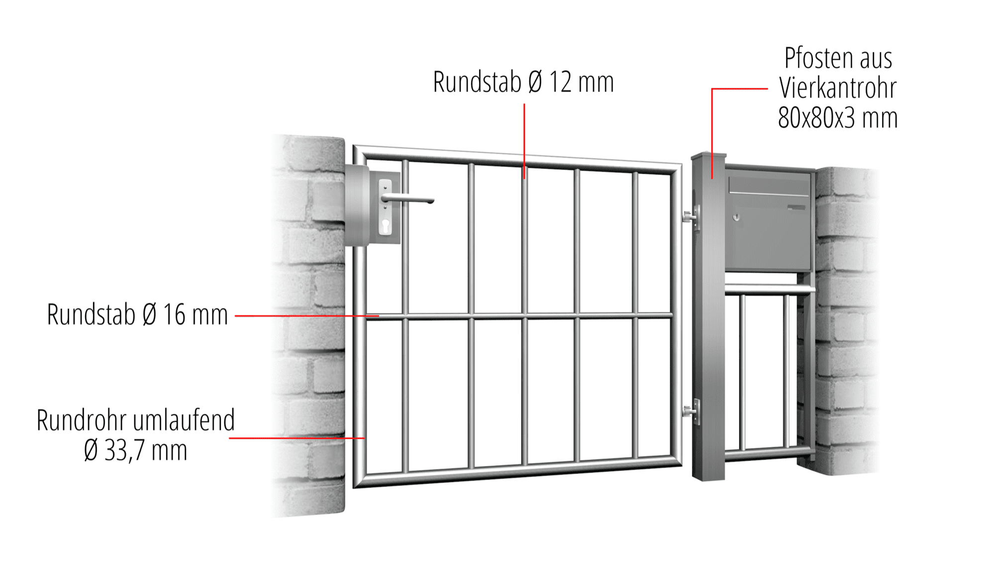 Gartentür Edelstahl 1-flügelig Vertikalstab, GE, BK