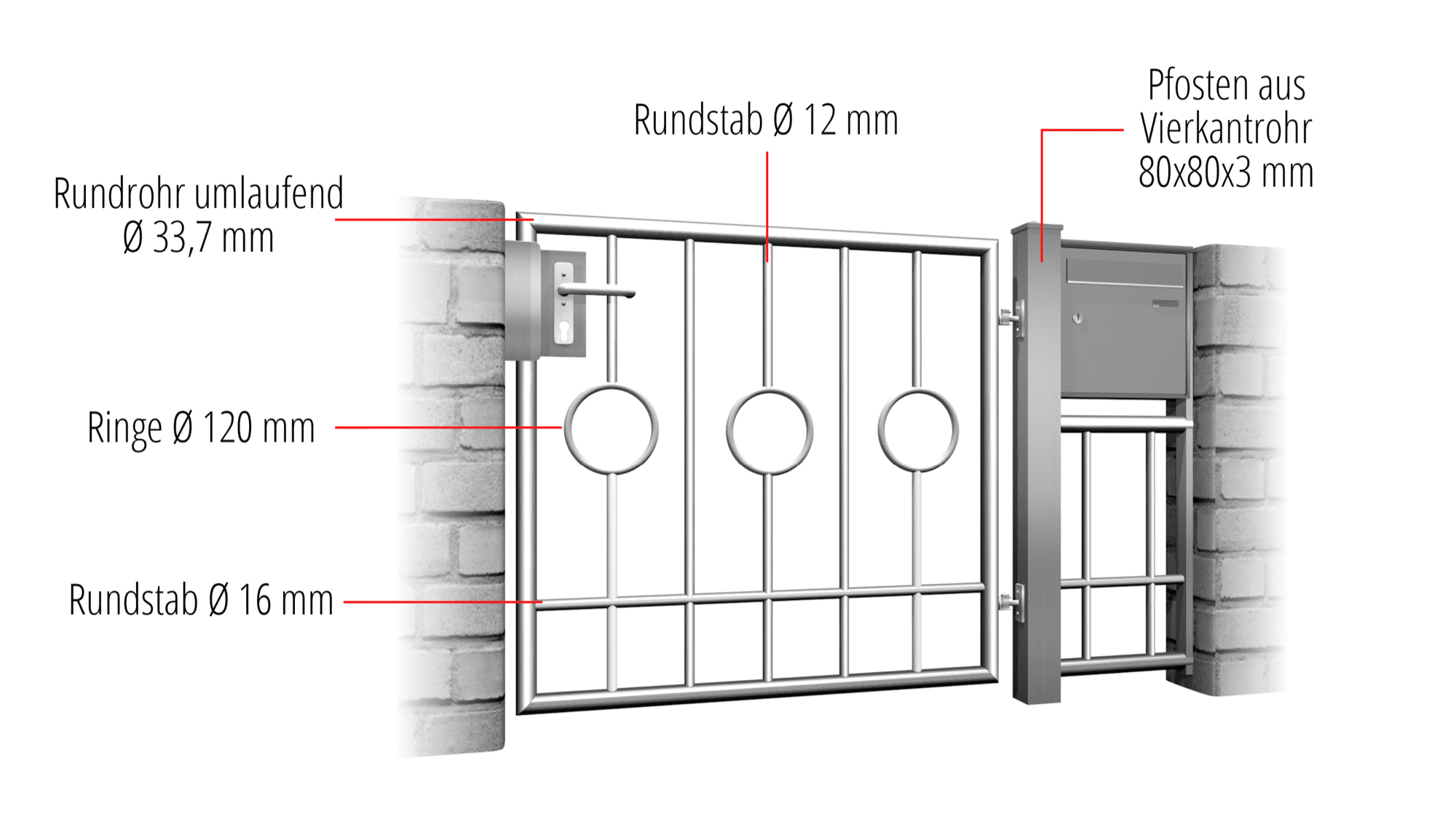 Gartentür Edelstahl 1-flügelig Kreis Stab 2 Mitte, GE, BK