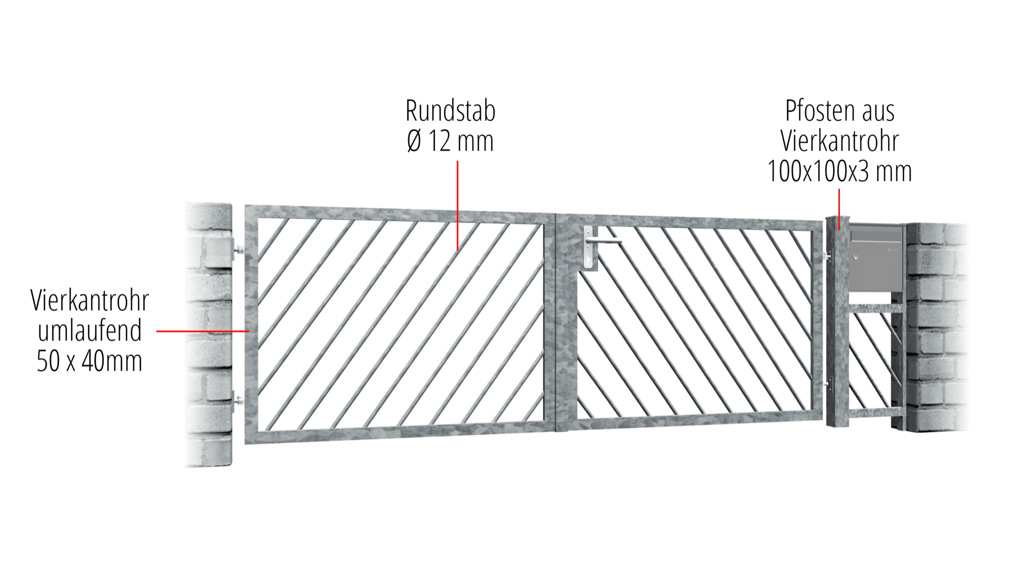 Gartentor verzinkt 2-flügelig Diagonalstab, GE, BK