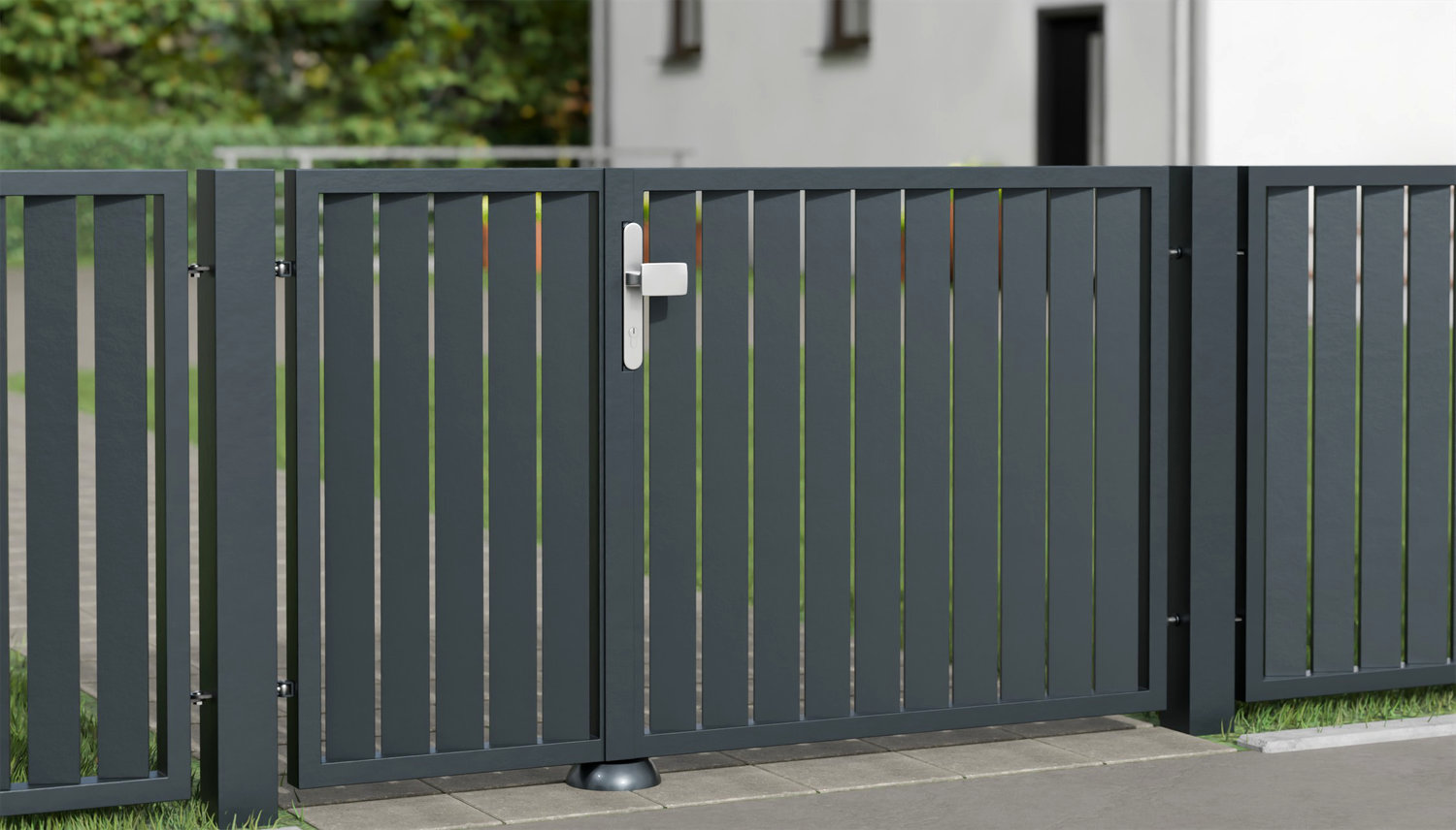 Gartentür Alu 2-flügelig Sichtschutz Lamellen vertikal schräg, GE