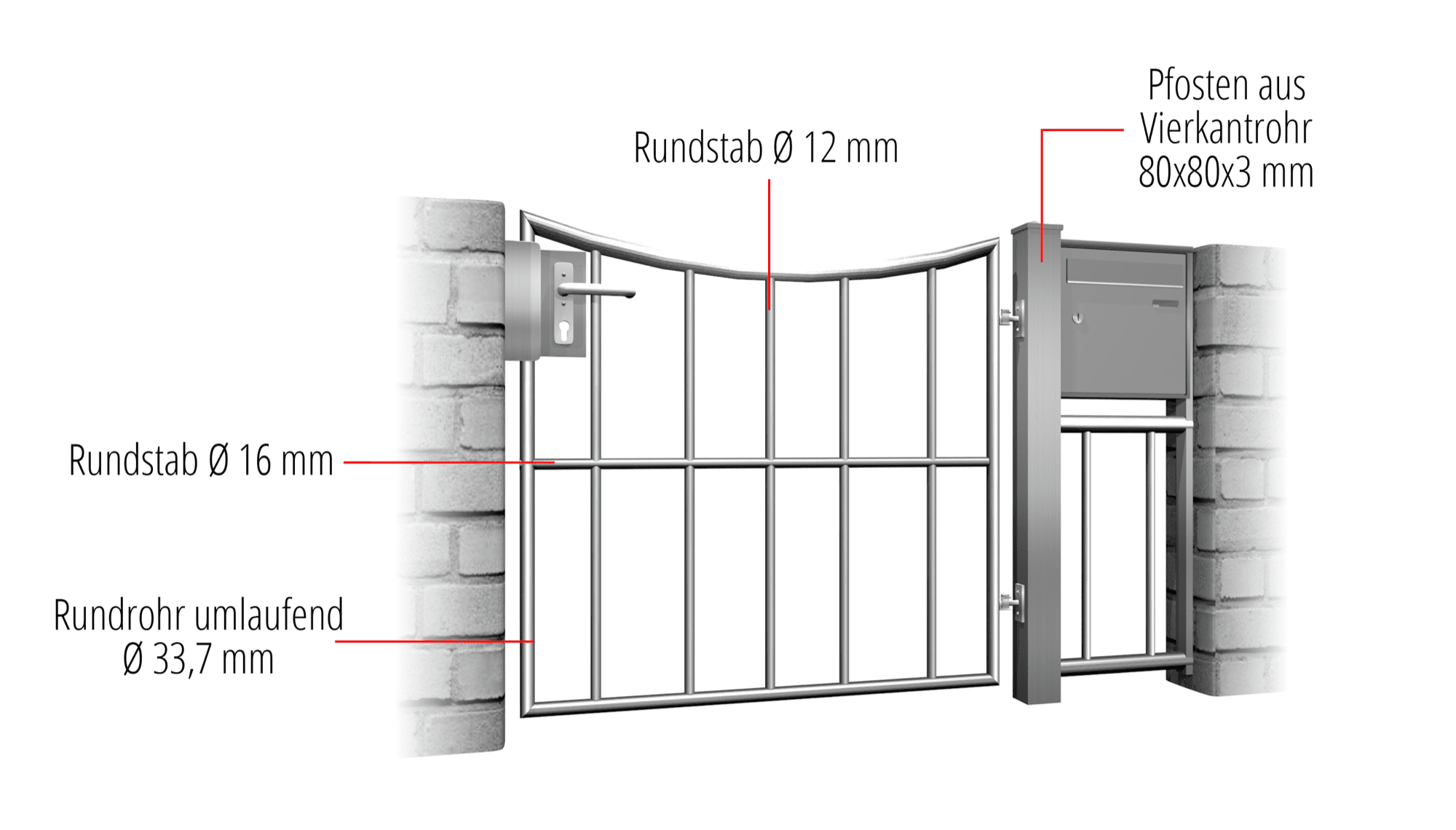 Gartentür Edelstahl 1-flügelig Vertikalstab, UB, BK