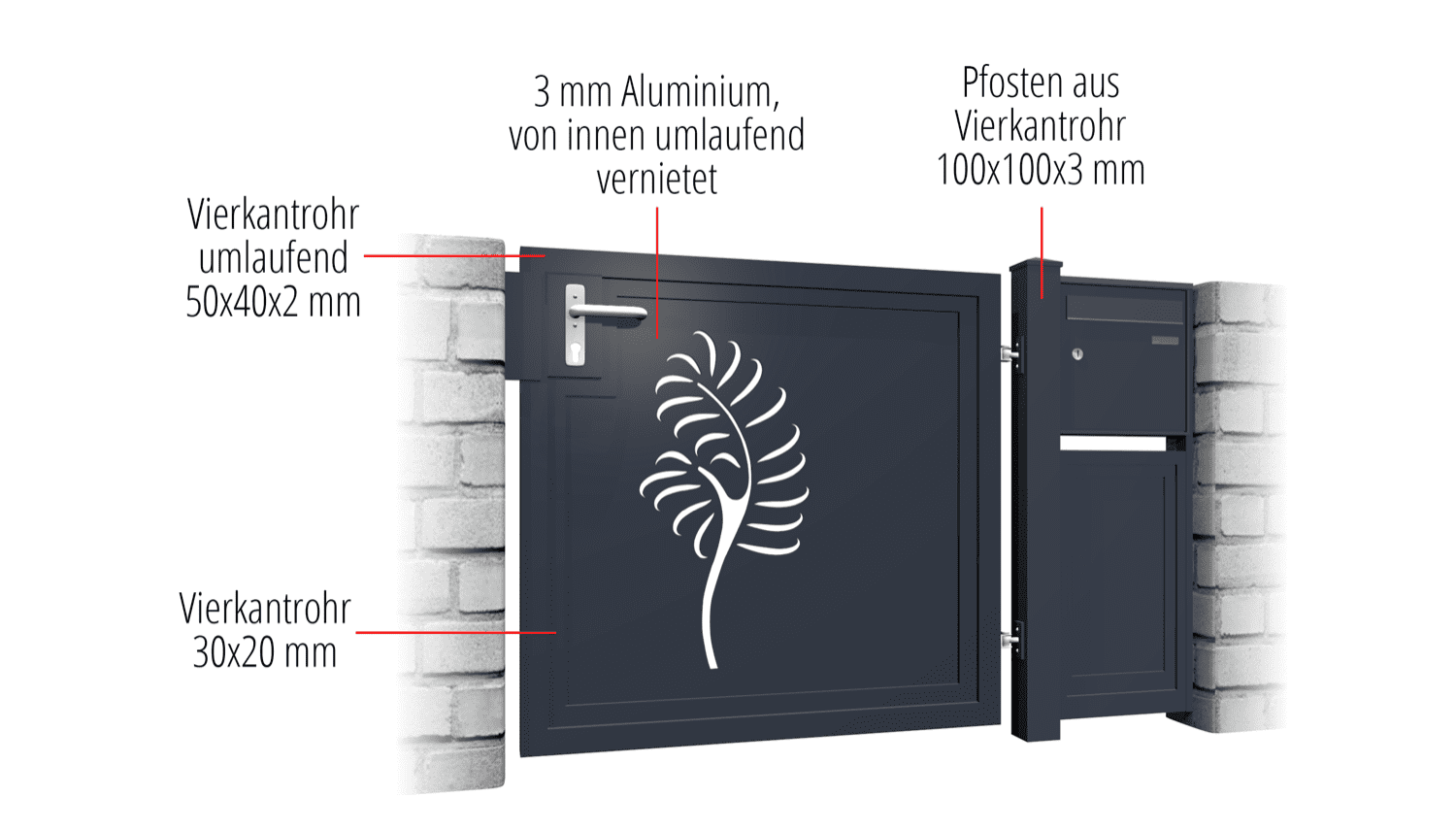 Gartentür Alu 1-flügelig Sichtschutz PF, GE, BK