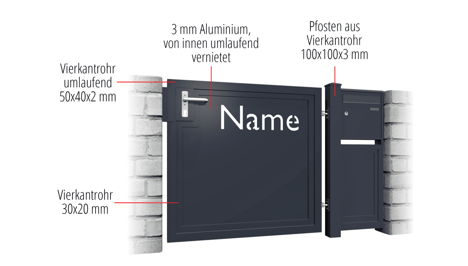 Gartentür Alu 1-flügelig Sichtschutz Name, GE, BK