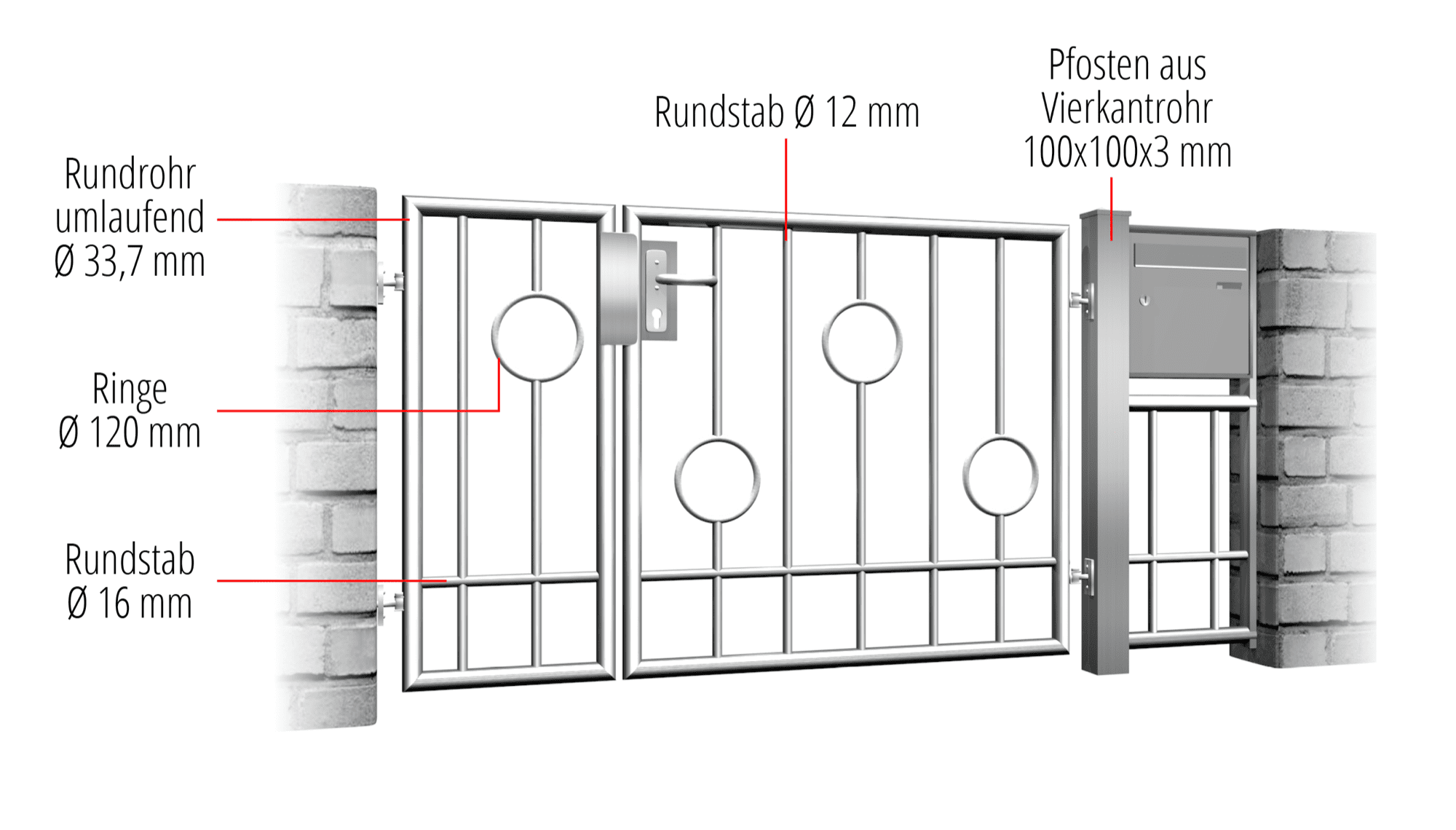 Gartentür Edelstahl 2-flügelig Kreis Stab, GE, BK