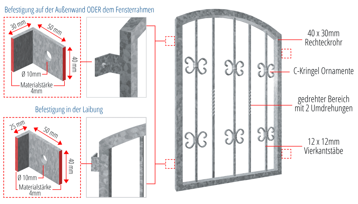 Fenstergitter verzinkt Barock Oberbogen 