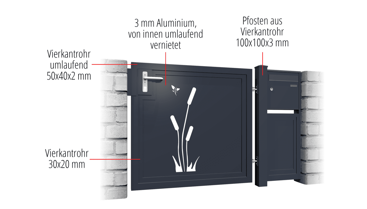 Gartentür Alu 1-flügelig Sichtschutz SF, GE, BK