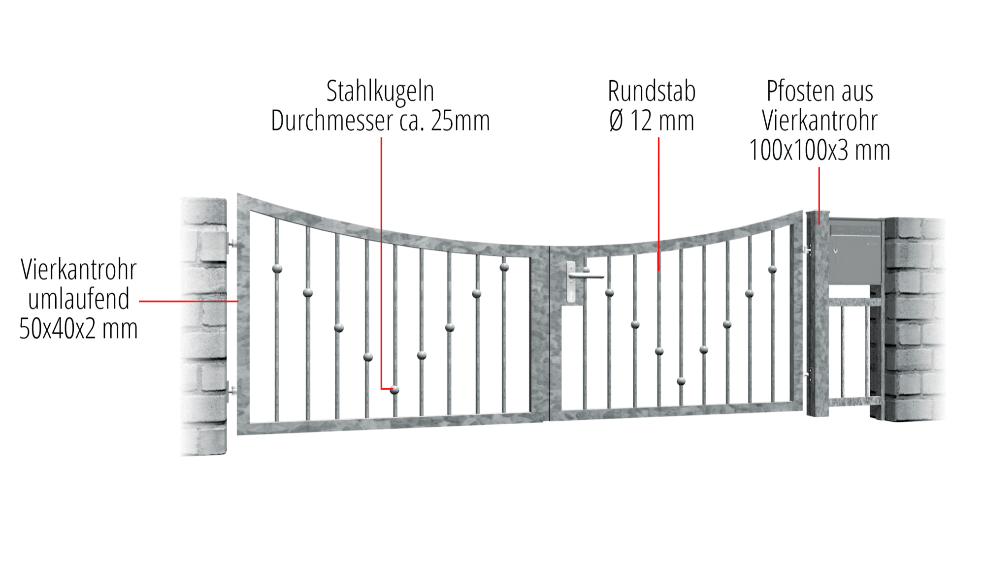 Gartentor verzinkt 2-flügelig V-Kugeln, UB, BK