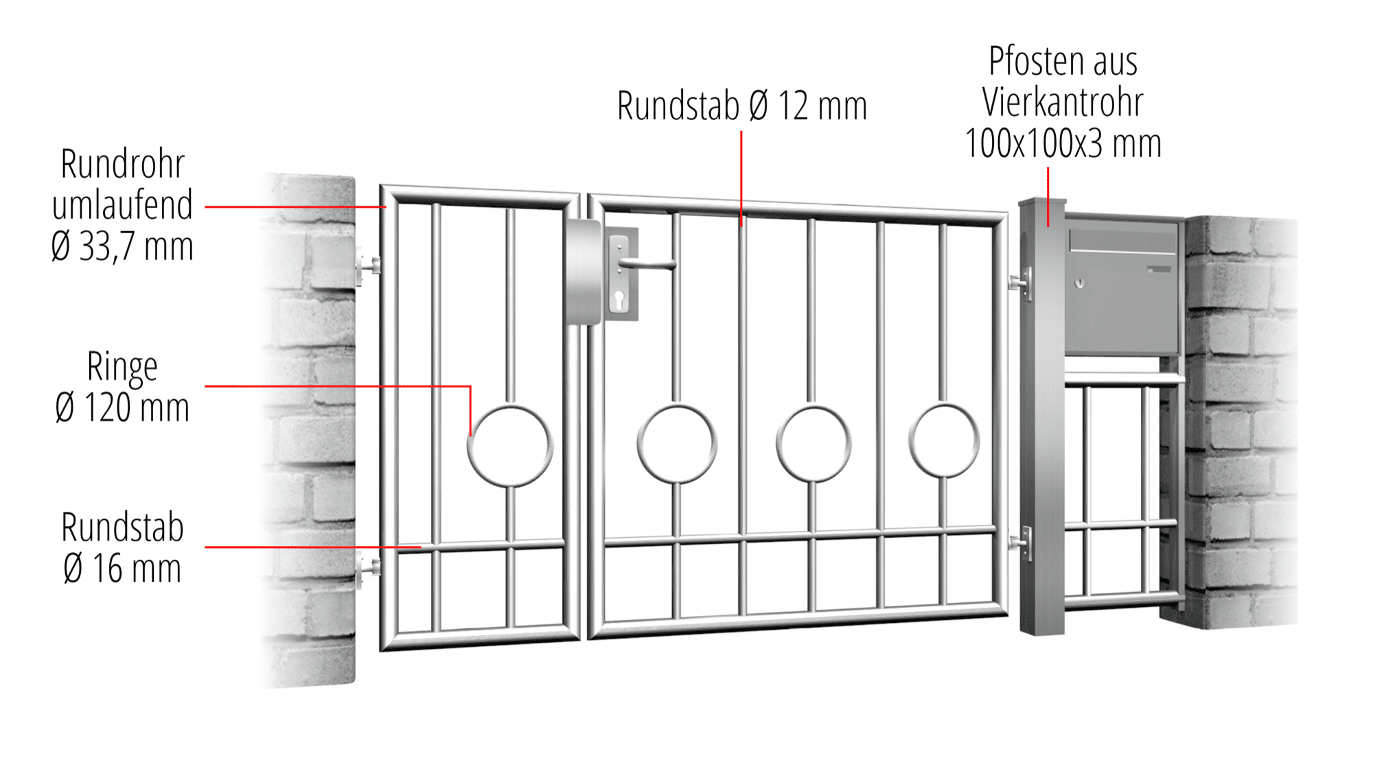 Gartentür Edelstahl 2-flügelig Kreis Stab 2 Unten, GE, BK