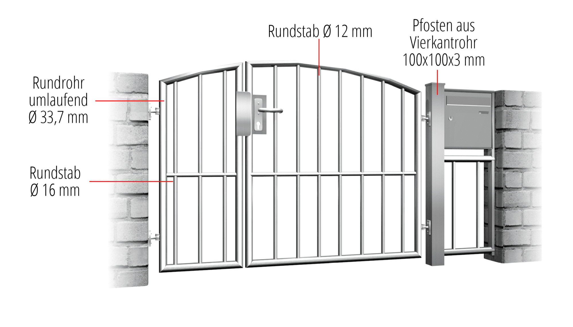 Gartentür Edelstahl 2-flügelig Vertikalstab, OB, BK