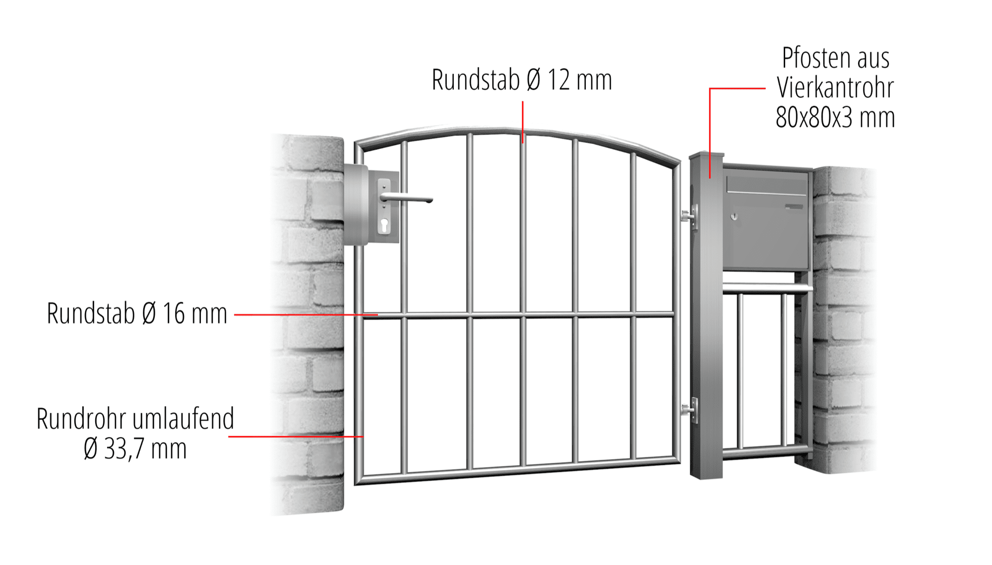 Gartentür Edelstahl 1-flügelig Vertikalstab, OB, BK